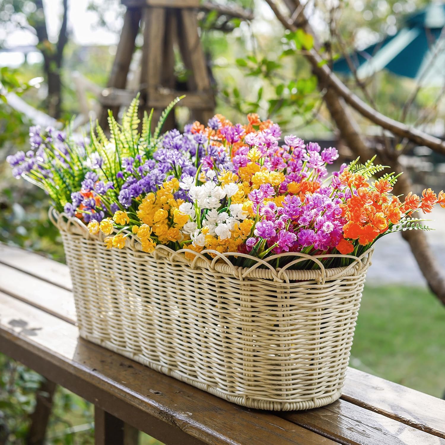 24 Bundles Uv Resistant Artificial Flowers For Outdoors Faux Ferns Fake Plastic Flowers For Spring Home Garden Courtyard Patio Front Porch Decor