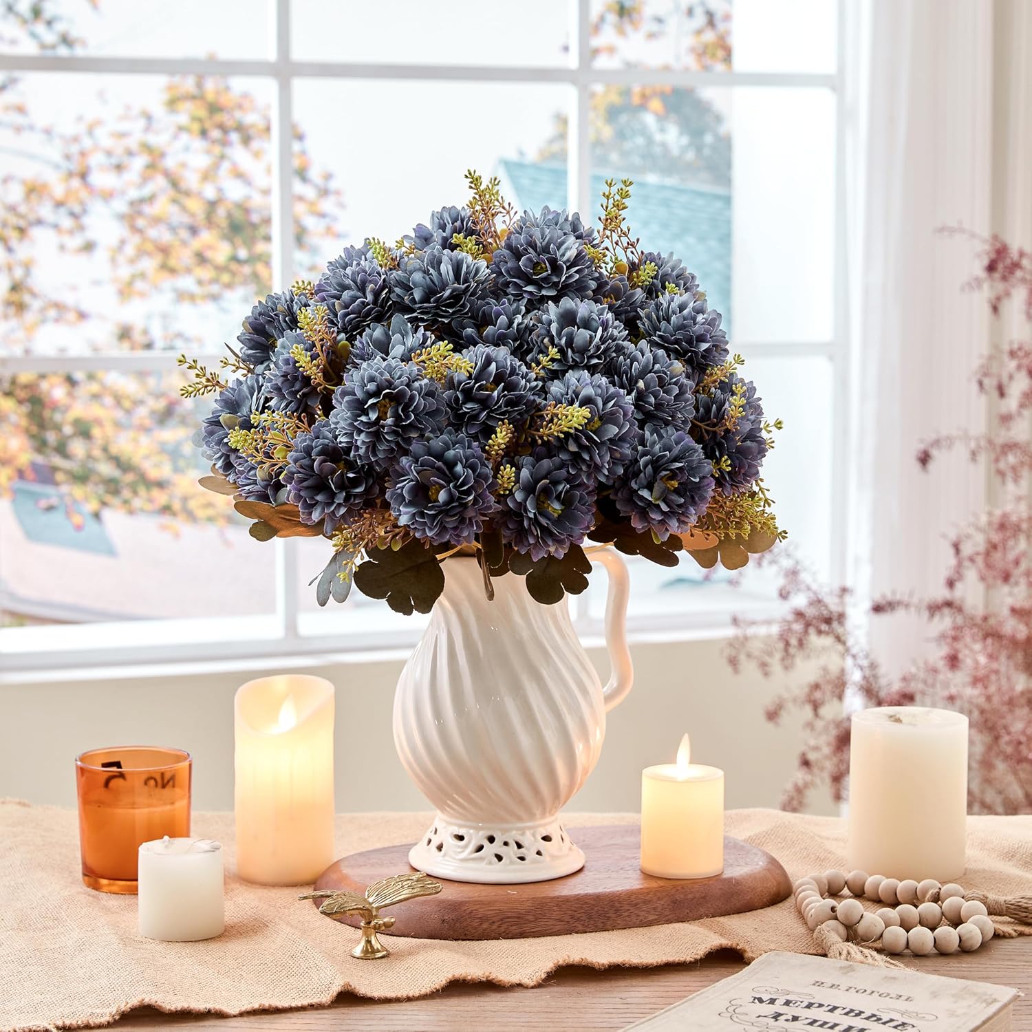 18 Heads Ink Blue Artificial Chrysanthemum Flowers Fake Mums Ink Blue Kiku Gothic Flowers Bouquet Silk Chrysanthemums For Indoor Outdoor Table Centerpiece Vase Pots Decoration, 2 Pcs