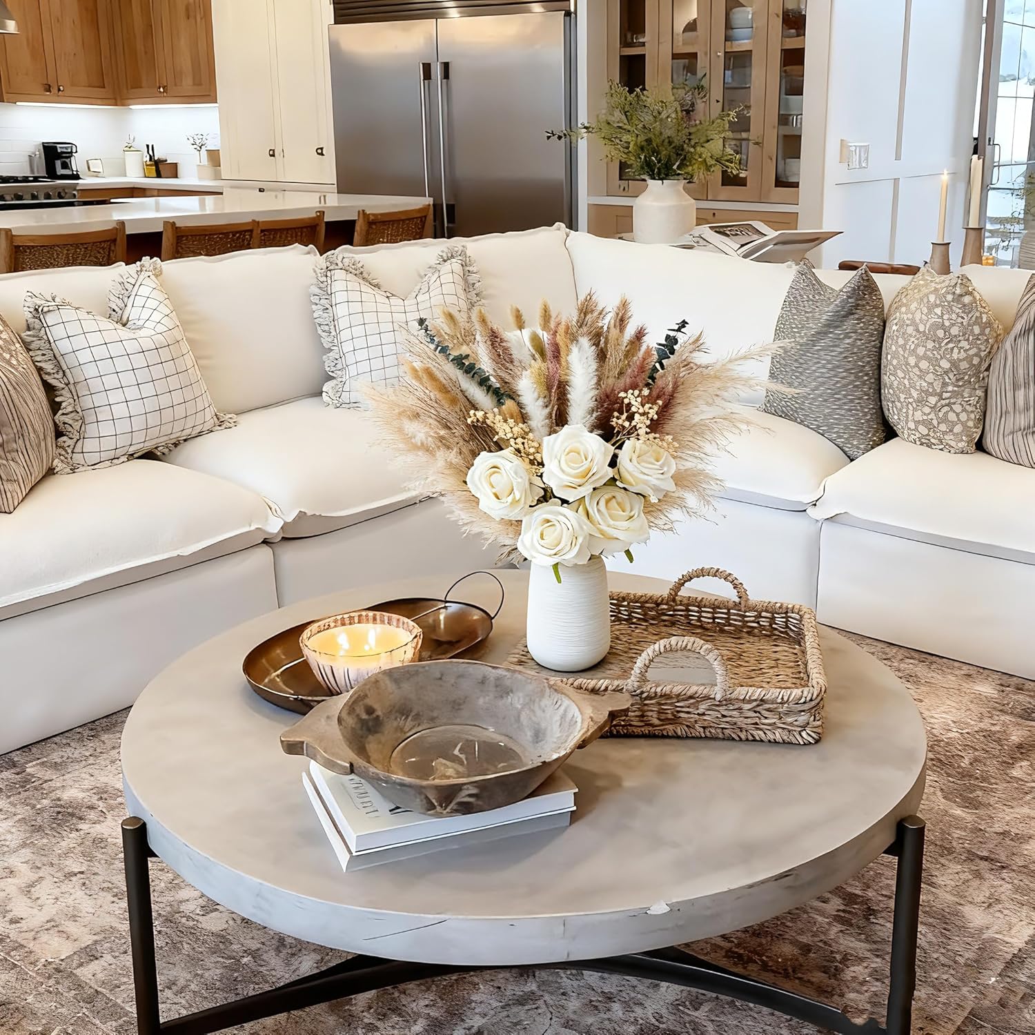 100Pcs Artificial Flowers Arrangement With Vase, Fake Flowers Silk Roses In Vase, Coffee Table Decorations,Boho Dried Pampas Grass, Dining Table Decor, Floral Centerpieces For Tables, Centro De Mesa
