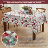 Merry Christmas Stocking Holiday Vinyl Tablecloth With Flannel Backing – Festive Wreaths, Poinsettias & Noel Script, Easy-Care Wipe Clean Table Cover, 60 X 120 Inch Rectangle