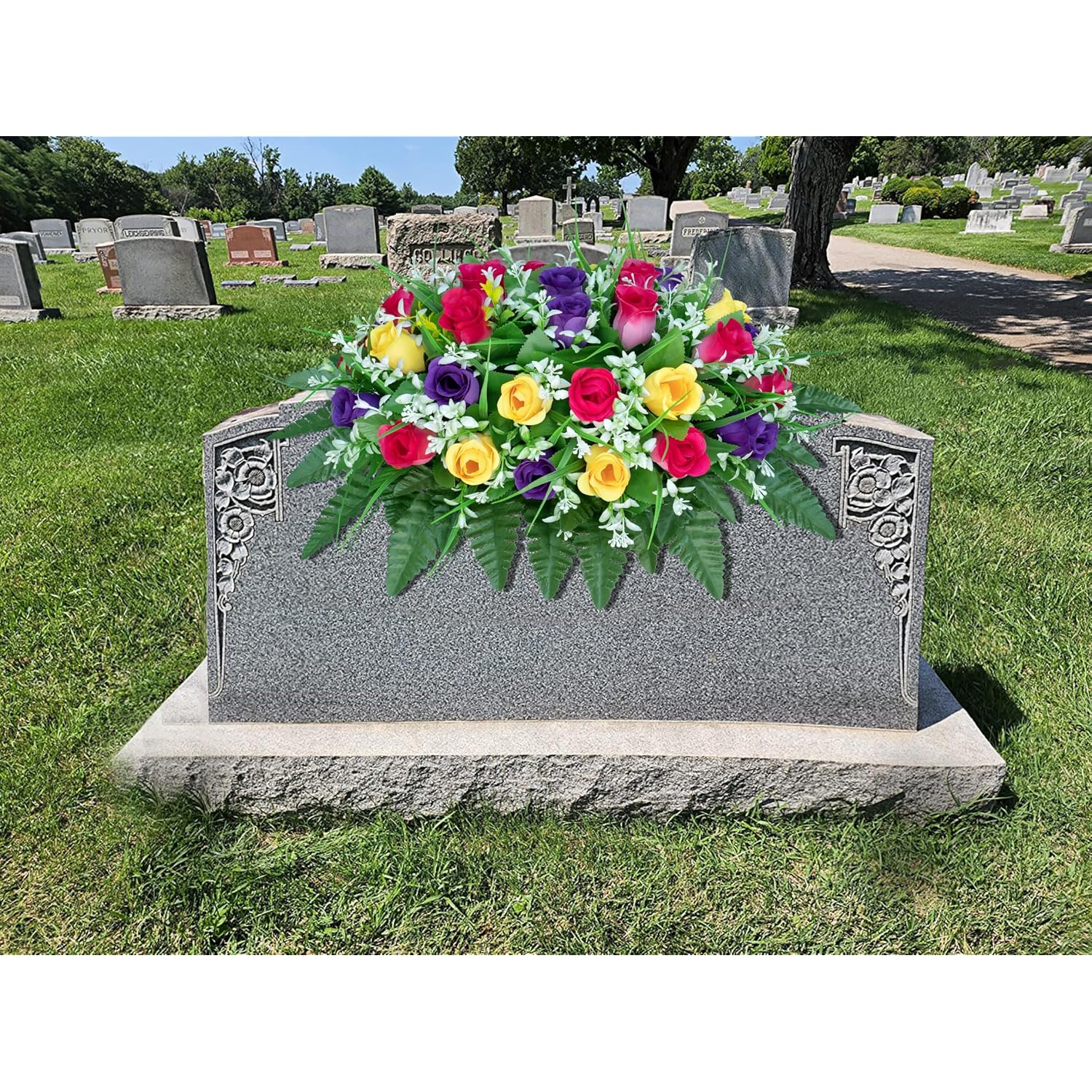 Artificial Cemetery Flowers Saddle-Shaped Tombstone Decorations Non-Fading Uv-Resistant?Yellow+Purple+Brilliant Red Saddle?