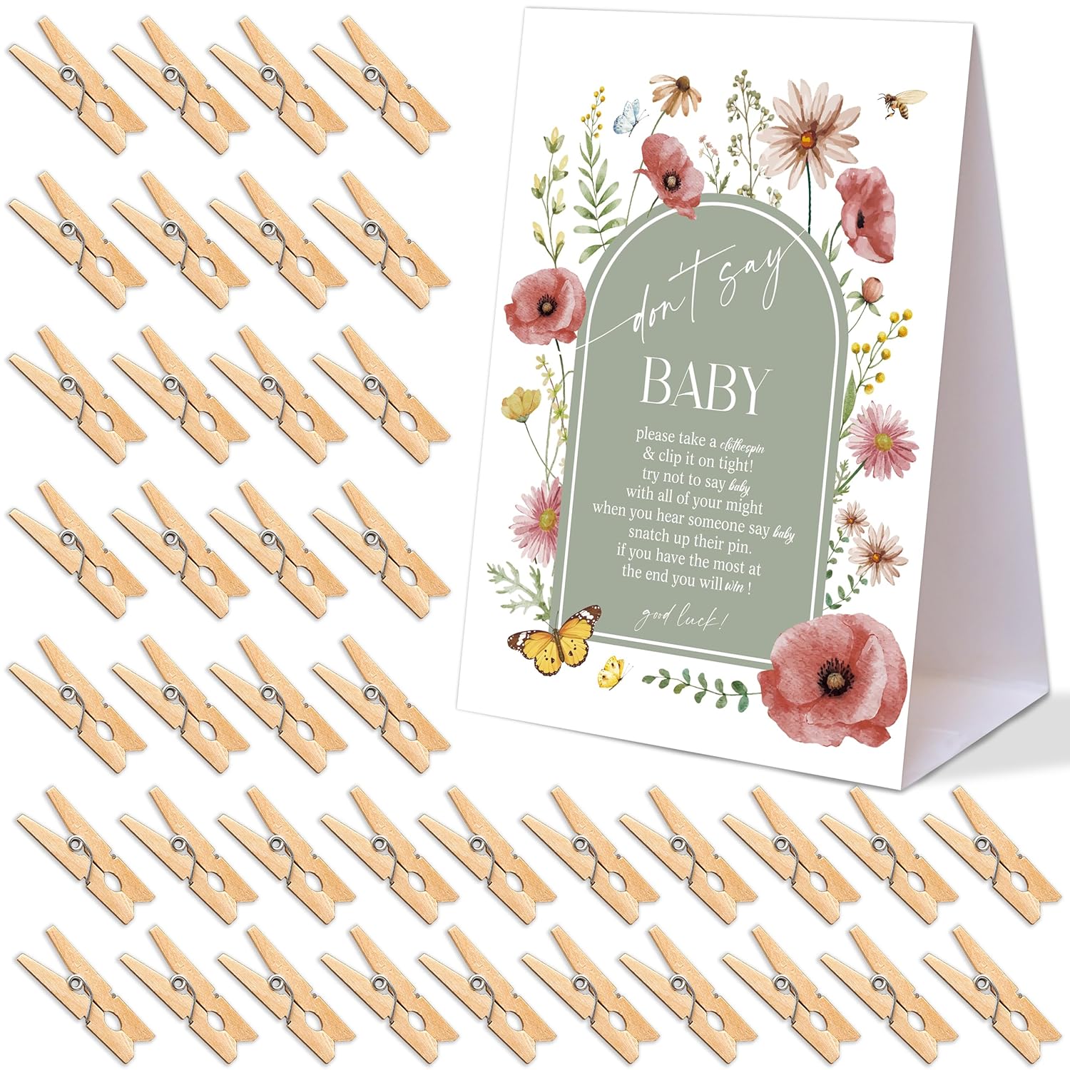 Boho Floral Themed Baby Shower Games, Dont Say Baby Game, Pack Of 1 Sign And 50 Mini Wooden Clothespins, Sage Green Butterfly Baby Shower Decorations, Gender Reveal Party Supplies
