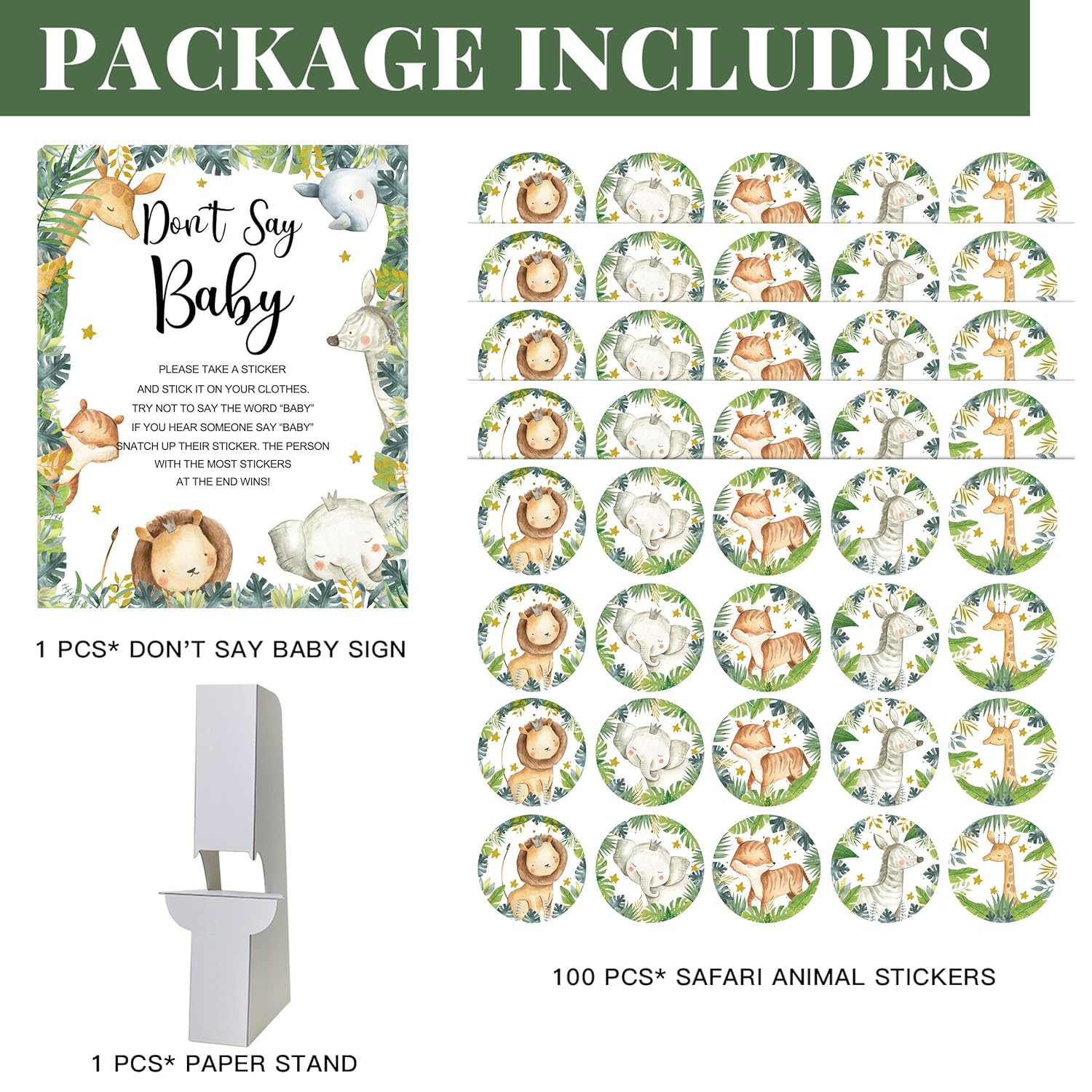 Safari Don'T Say Baby Shower Game Set, 100 Safari Jungle Baby Shower Games Decorations, Wild Animal Themed Don'T Say Baby Shower Game Kit Bundle Party Decor