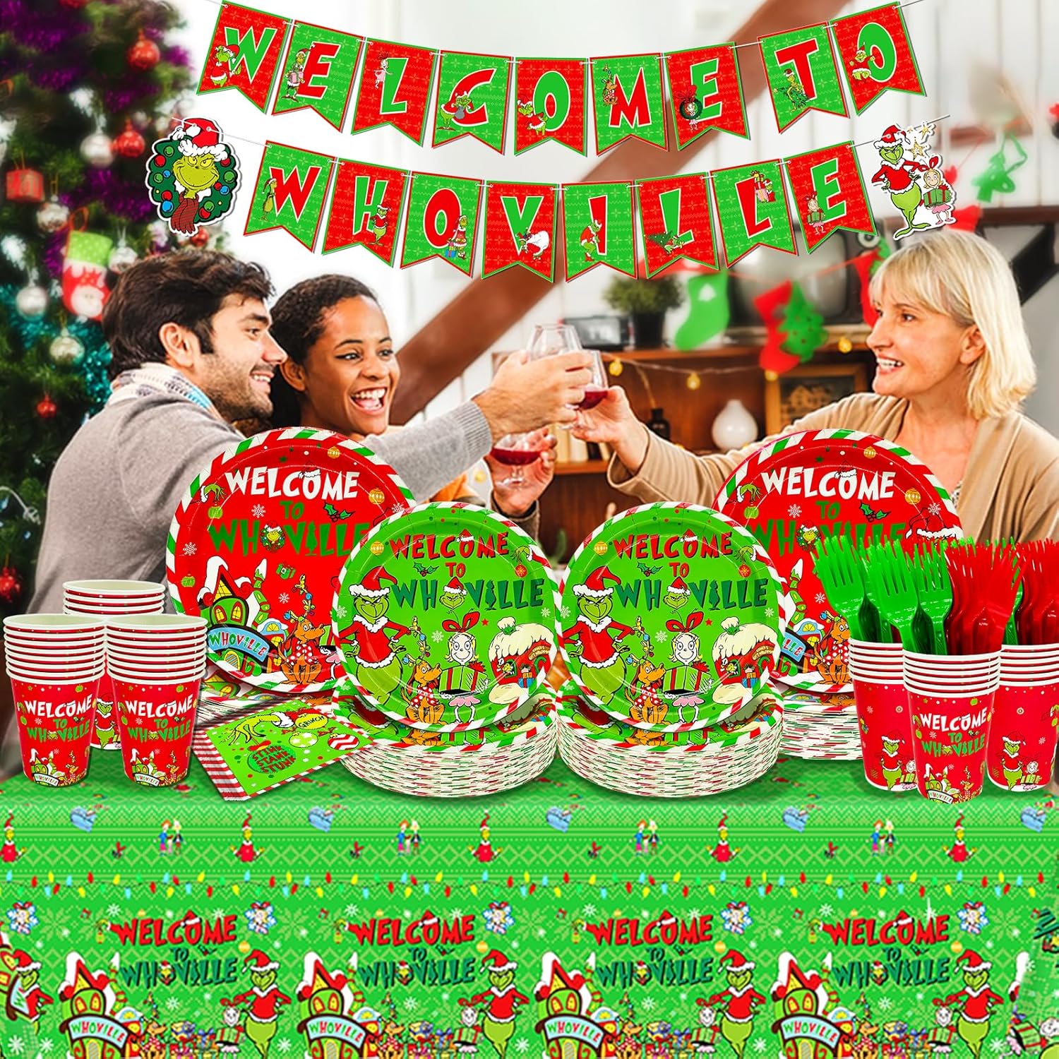 203Pcs Whoville Christmas Decorations Welcome To Whoville Banner Paper Plates Green Table Cloth Green Napkins Forks For Christmas Party Supplies