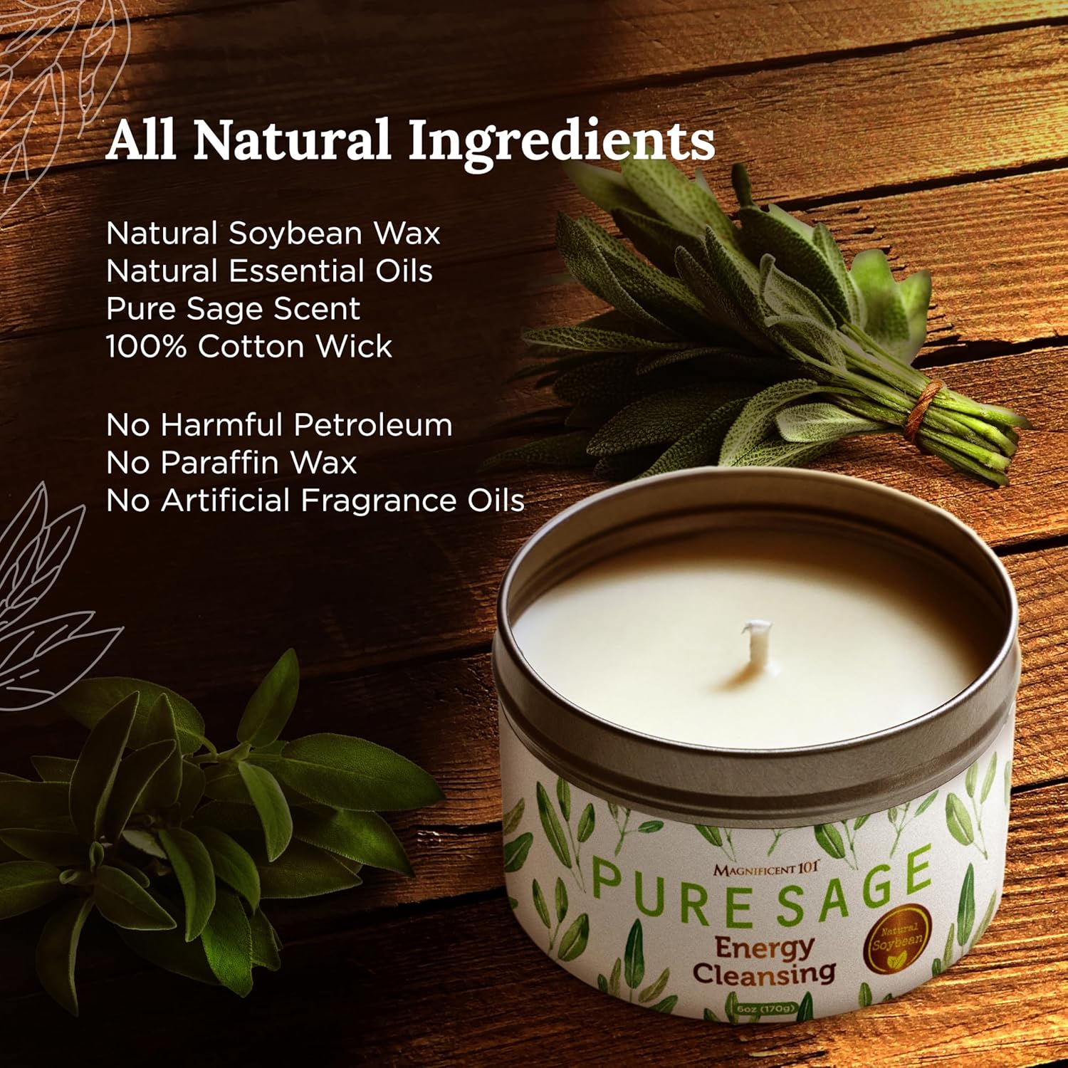 Long Lasting Pure White Sage Candle - 6 Oz - 35 Hour Burn Time - Organic, All Natural, Soy Candle To Cleanse Your Home & Calm, Soothe, Use With Sage Smudge Kit - Spiritual
