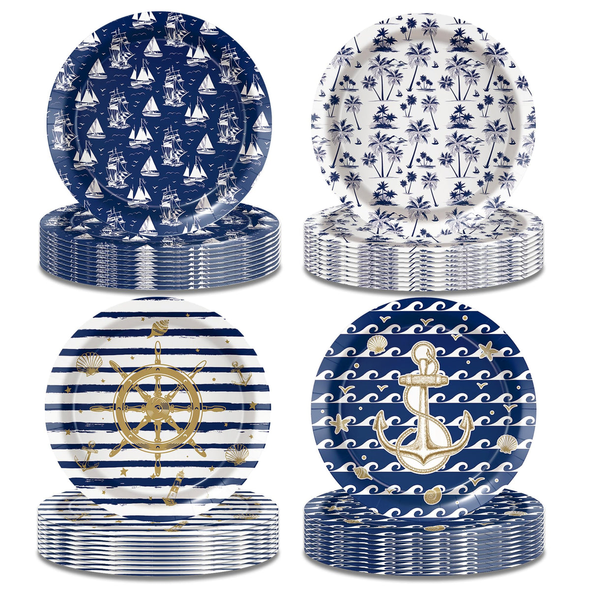 32 Pcs Nautical Anchor Paper Plates -7 Inch Nautical Disposable Navy Anchor Dessert Plates | Cruise Ship Party Decorations for Boys Birthday, Baby Shower, Sailor Boat Themed Party Supplies, 4 Styles