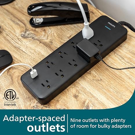 Surge Protector Power Strip 9 Outlets 2 USB Ports USB C 2400J 6FT Flat Plug Braided Cord Black