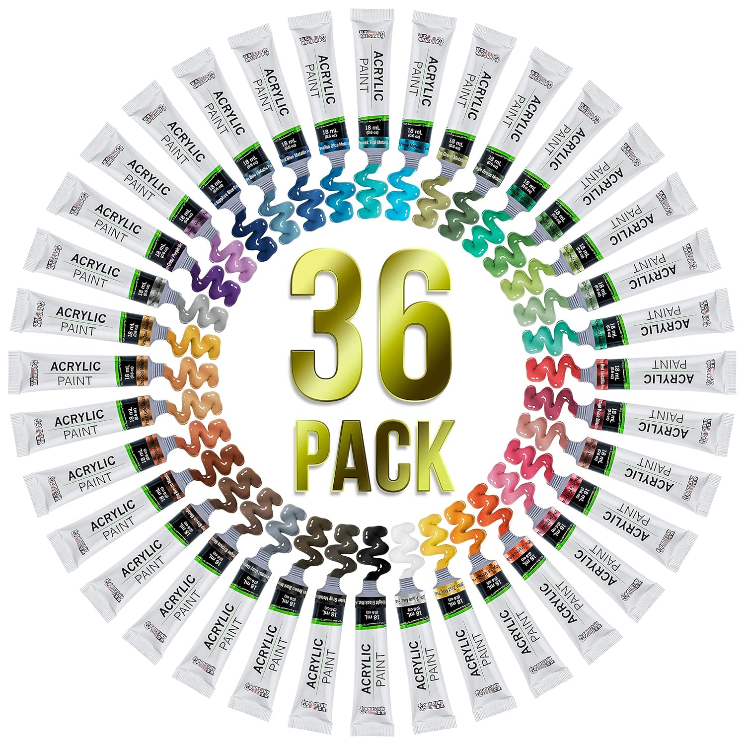 36-Color Metallic Acrylic Paint Set - 18Ml Tubes - Acrylic Paint For Canvas Painting, Wood Crafts & Rock Painting - Color Mixing Wheel