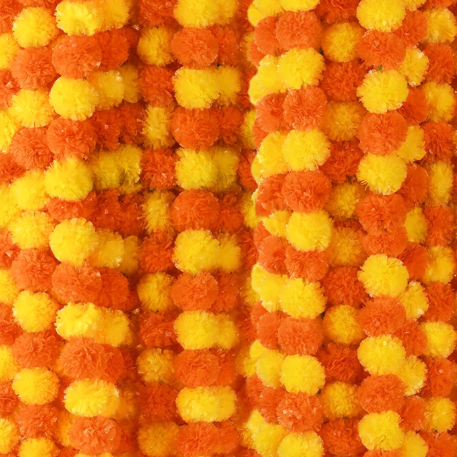 5 Pcs- 5 Feet Long Marigold Garland Bulk Indian/American Wedding Party Mantel Decoration Decorations For Altar Faux Flower Garlands Diwali, Spring Bush Floral Party (Orange And Yellow)