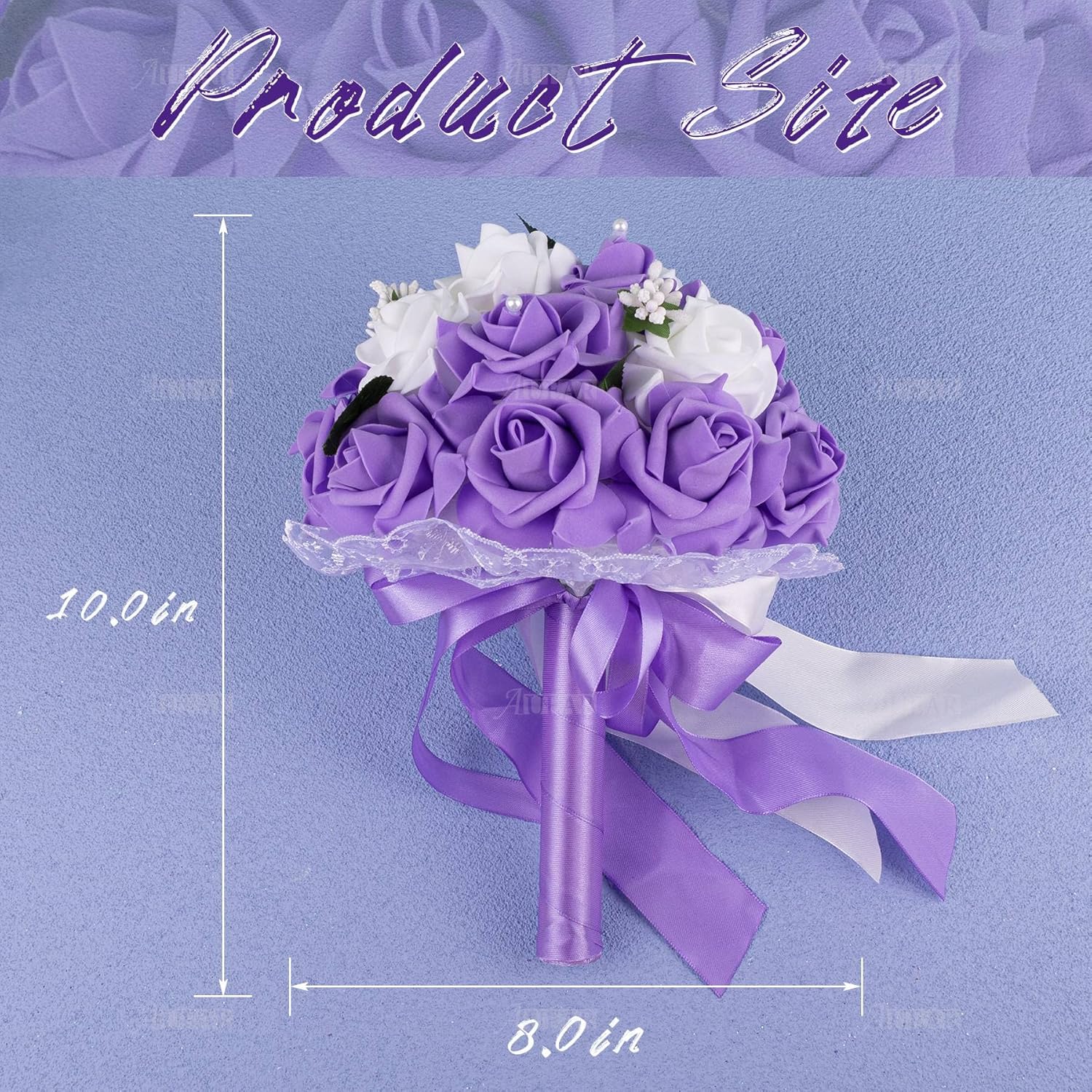 , Wedding Bouquets Flower Bridal Bridesmaid Pearl Silk Artificial Rose For Bride Party And Church (Purple)