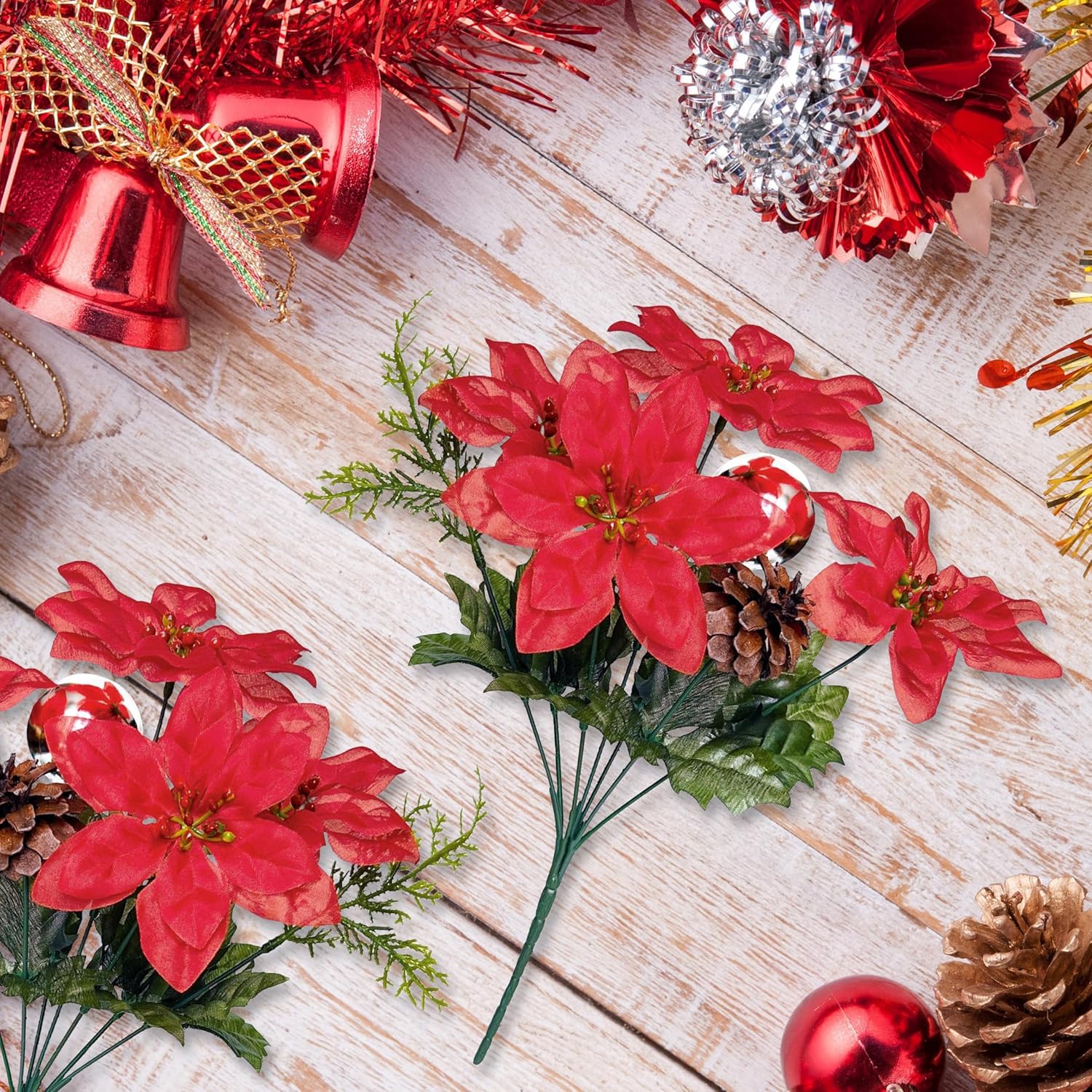 4 Pack Artificial Christmas Flowers Pick Decorations,4 Fake Poinsettia Flower Heads With Leaves And Pinecones Pine Needles Xmas Ball Red Flower Bouquet For Christmas Tree Ornament Home Garden Decor