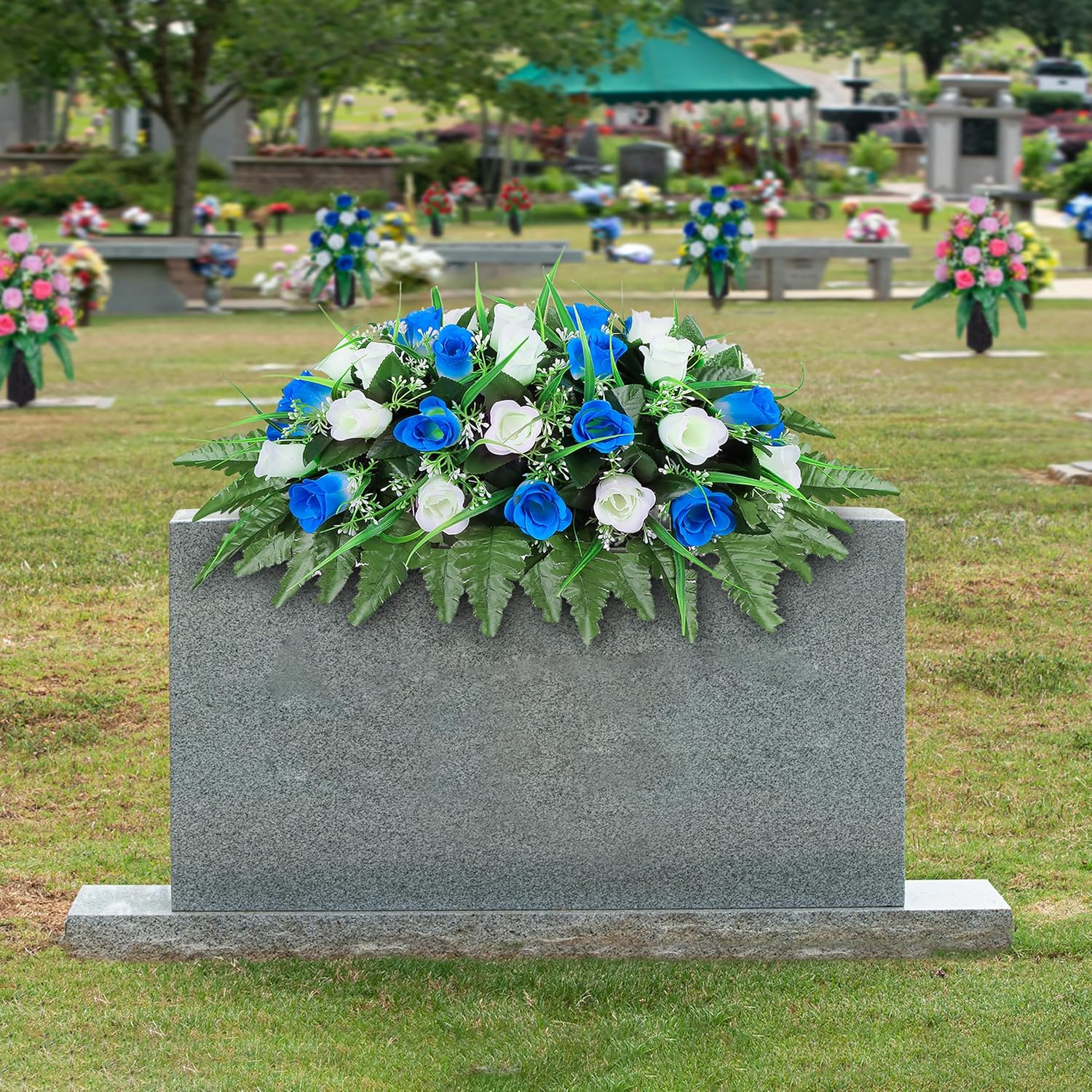 Artificial Cemetery Flower-Outdoor Grave Saddle Headstone Decorations,Blue And White Rose Memorial Day Flowers For Gravesite (Blue And White)…