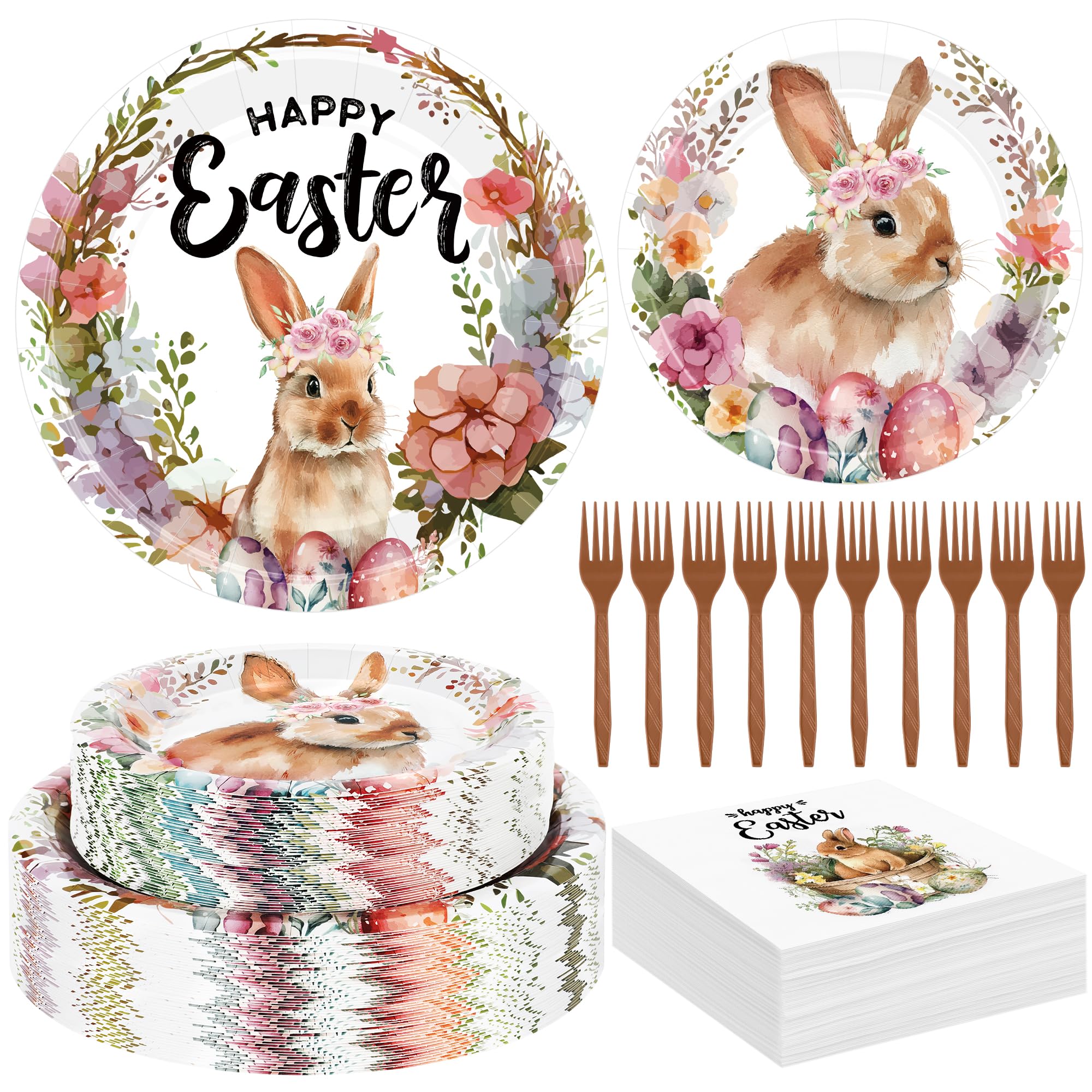 200 Pcs Easter Plates and Napkins Bulk Set, Disposable Dinner Plates, Vibrant Rabbit Floral Easter Decorations Includes Platters Napkins Forks, Spring Tableware for Egg Hunt Party Holiday Supplies