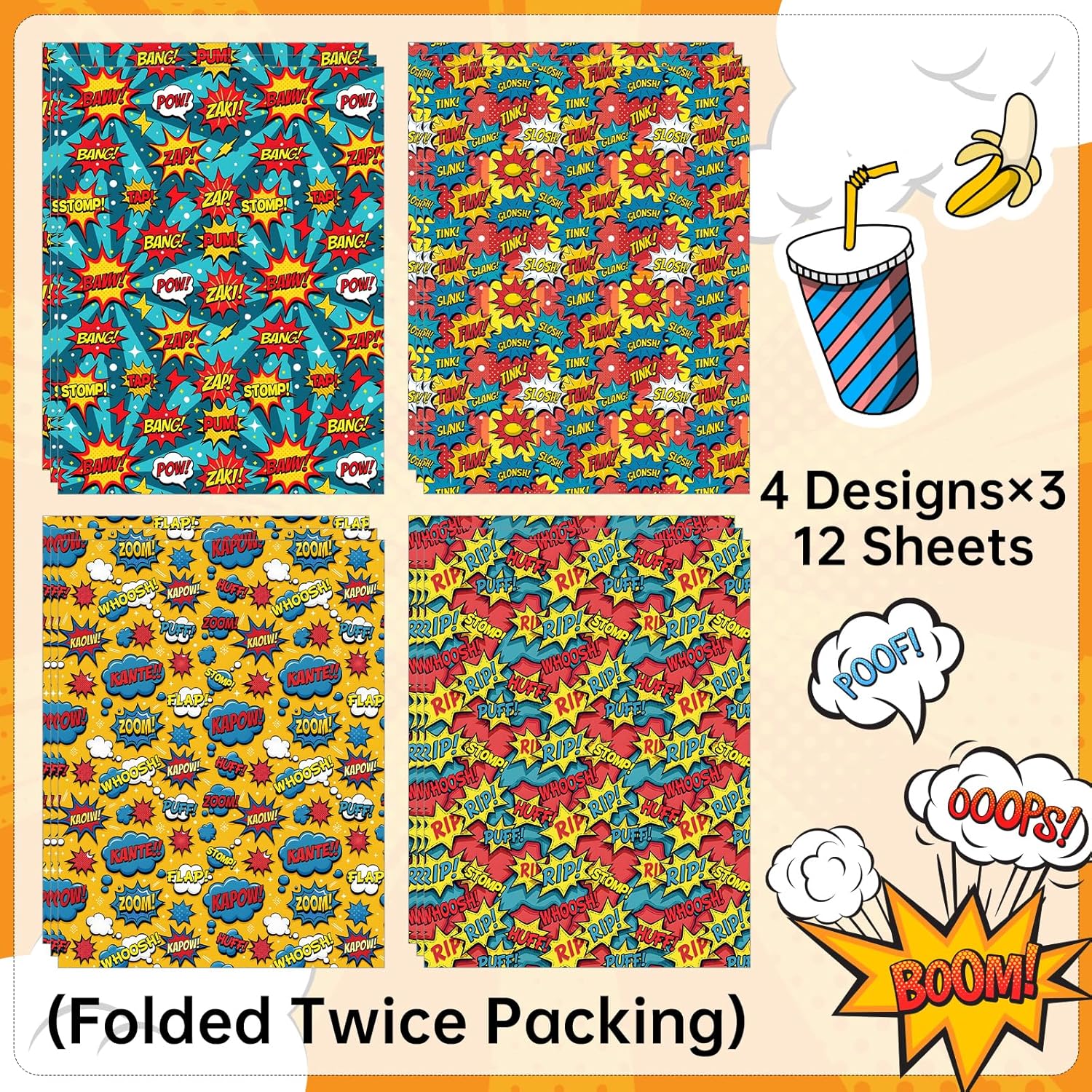 Comic Wrapping Paper 12 Sheets Colorful Talk Bubbles Designs With Pop Art Pow, Bang, Zap Cartoon Gift Wrap For Birthday, Party, 20"×28"