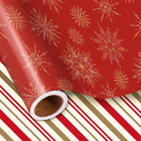 Red Christmas Wrapping Paper Roll, Gold Snowflakes And Holiday Stripes Reversible Elegant Design For Festive Winter Holiday, Family Gathering, For Girls, Kids, Mini Roll 17 In X 16.4 Ft