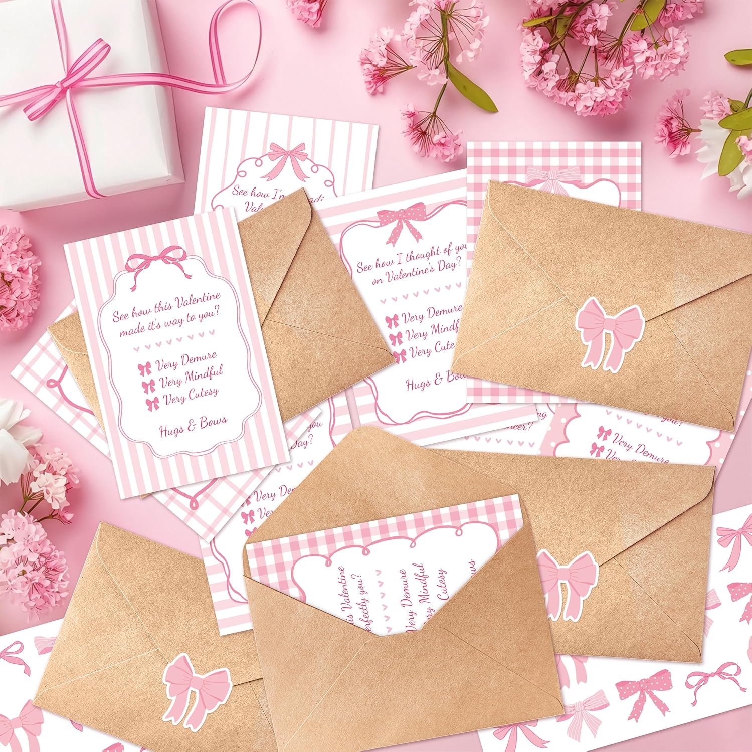 Valentines Day Office Cards Bulk- 30 Sets Pink Watercolor Coquette Bow Blank Greeting Cardstocks With Envelopes Stickers, Valentine'S Day Party Favors Gifts For Coworkers Group Anniversary
