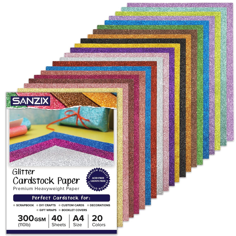 300 Gsm Glitter Cardstock - 40 Sheets - 20 Colors - 110Lb. - 8.2X11.7