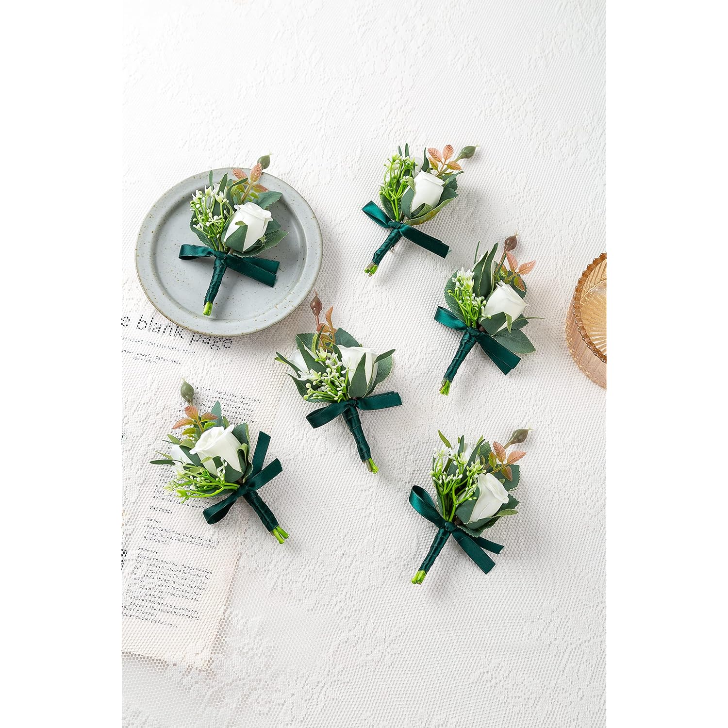 6Pieces /Lot Artificial Foam Pe Flowers Wedding Groom Brother Father Boutonnieres Men Buttonholes Corsage Wedding Flower Party Decoration (Ivory With Green Ribbon 6)