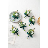 6Pieces /Lot Artificial Foam Pe Flowers Wedding Groom Brother Father Boutonnieres Men Buttonholes Corsage Wedding Flower Party Decoration (Ivory With Green Ribbon 6)