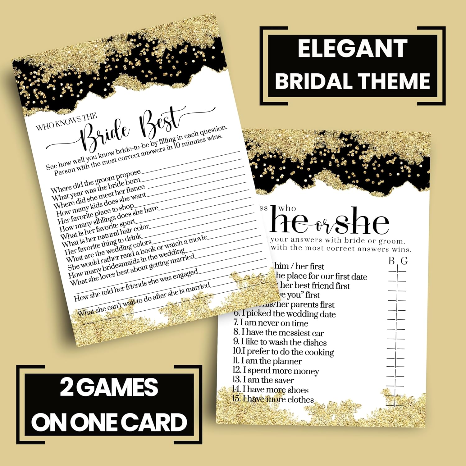 Black And Gold Bridal Shower Games - He Said Or She Said & Who Knows The Bride Best - 25 Double-Sided Cards Bundle - Fun Ideas For Engagement Parties, Rehearsal Dinners, Modern Watercolor Design