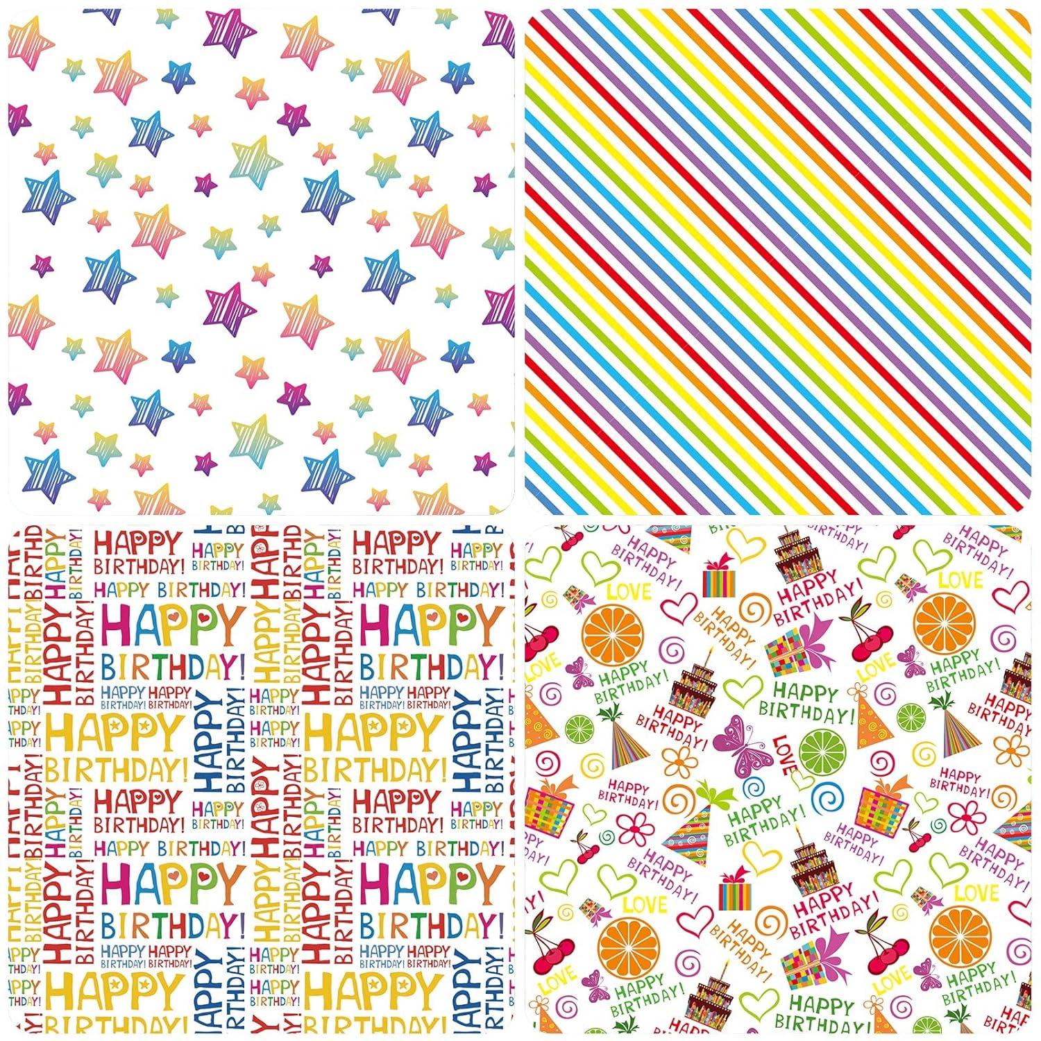 Birthday Wrapping Paper 12 Sheets Folded Flat For Kids, Boys, Girls, Adults.Includes Happy Birthday, Star, Rainbow, Cake 4 Colorful Designs For Baby Shower, Holiday, Party 20 X 29 Inch