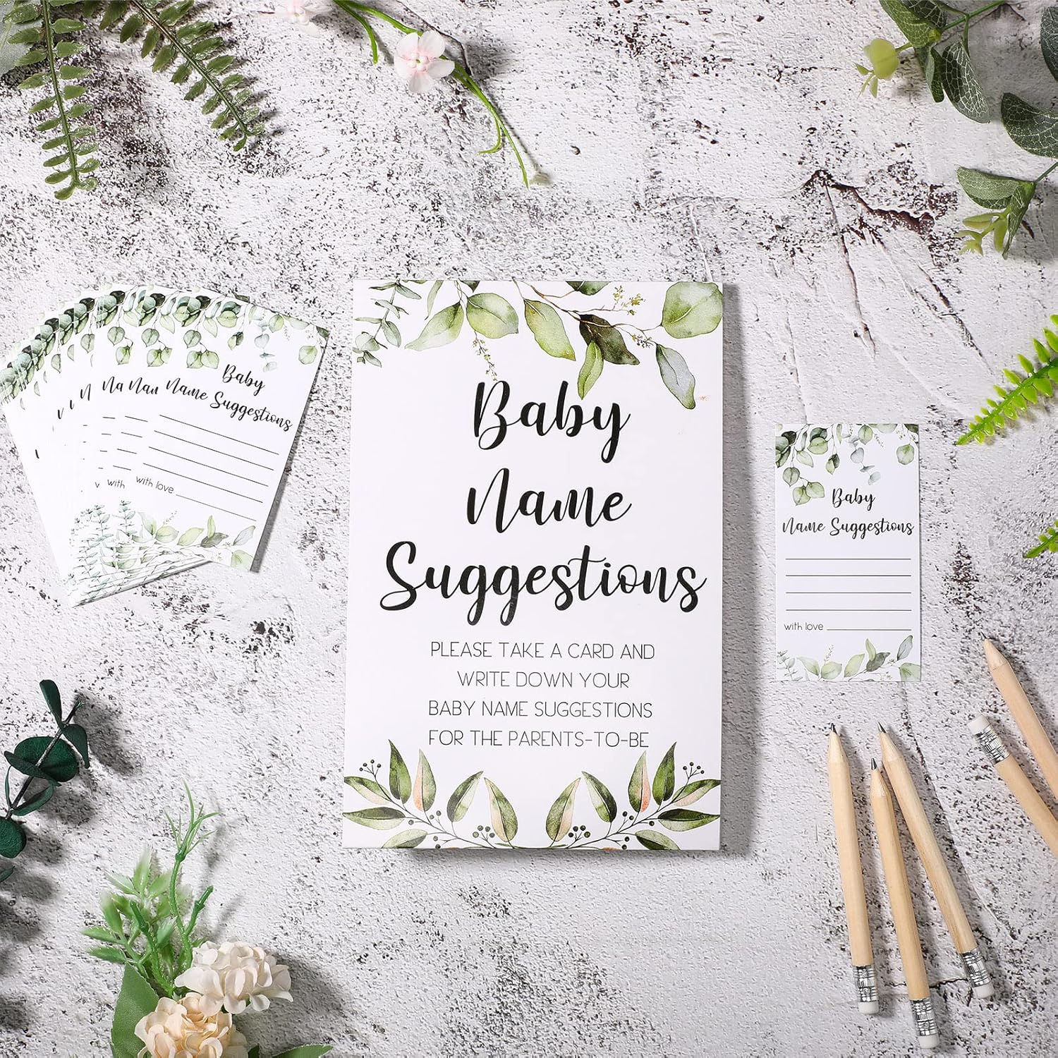61 Pcs Baby Shower Games, Greenery Name Suggestion Sign 50 Funny Baby Shower Name Suggestion Cards With 10 Pencils For Gender Reveal Birthday Party Supplies Decorations
