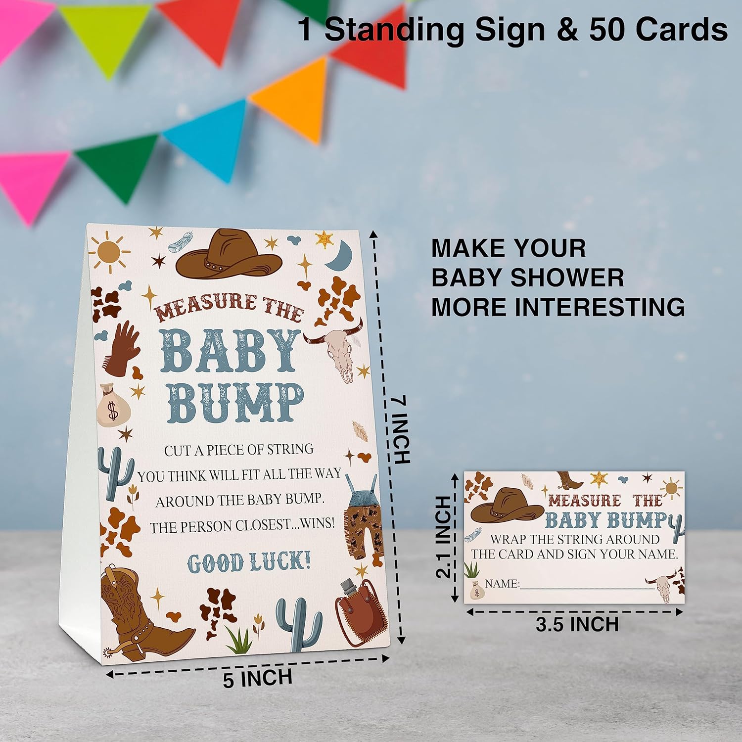 Measure The Baby Bump Baby Shower Game Set, 1 Standing Sign With 50 Guessing Cards, Boho Wild West Gender Reveal Party Decorations Supplies - C05