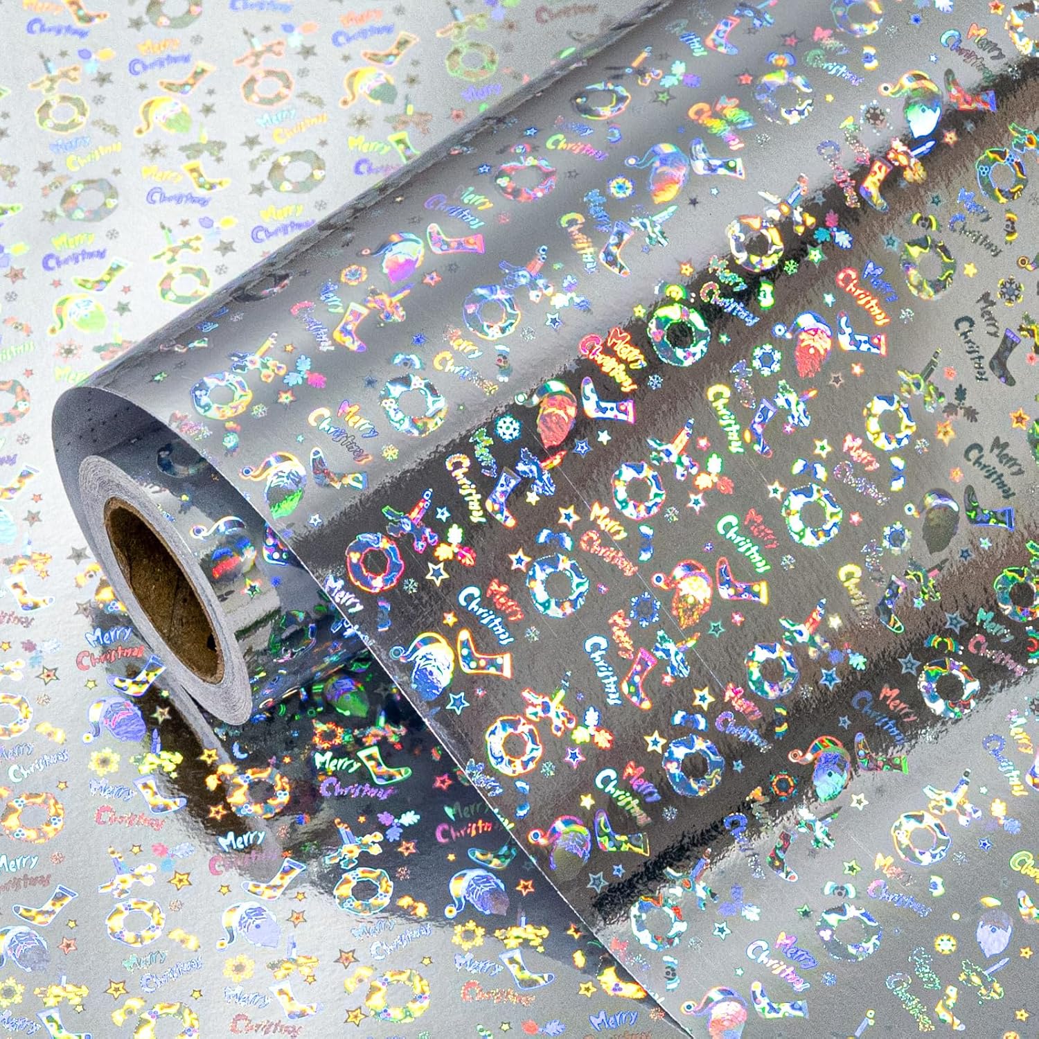 Silver Wrapping Paper Roll - 17 Inch X 32.8 Feet - Shiny Star, Festive Patterns, Merry Christmas Words Wrapping Paper For Christmas, Holiday, Party, Celebration