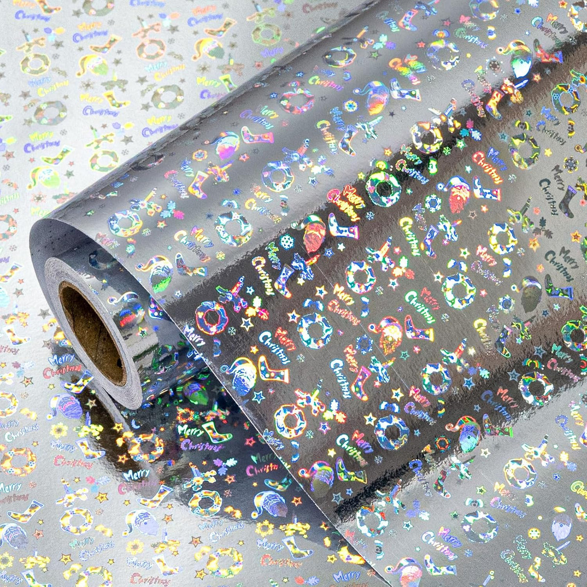 Silver Wrapping Paper Roll - 17 Inch X 32.8 Feet - Shiny Star, Festive Patterns, Merry Christmas Words Wrapping Paper For Christmas, Holiday, Party, Celebration