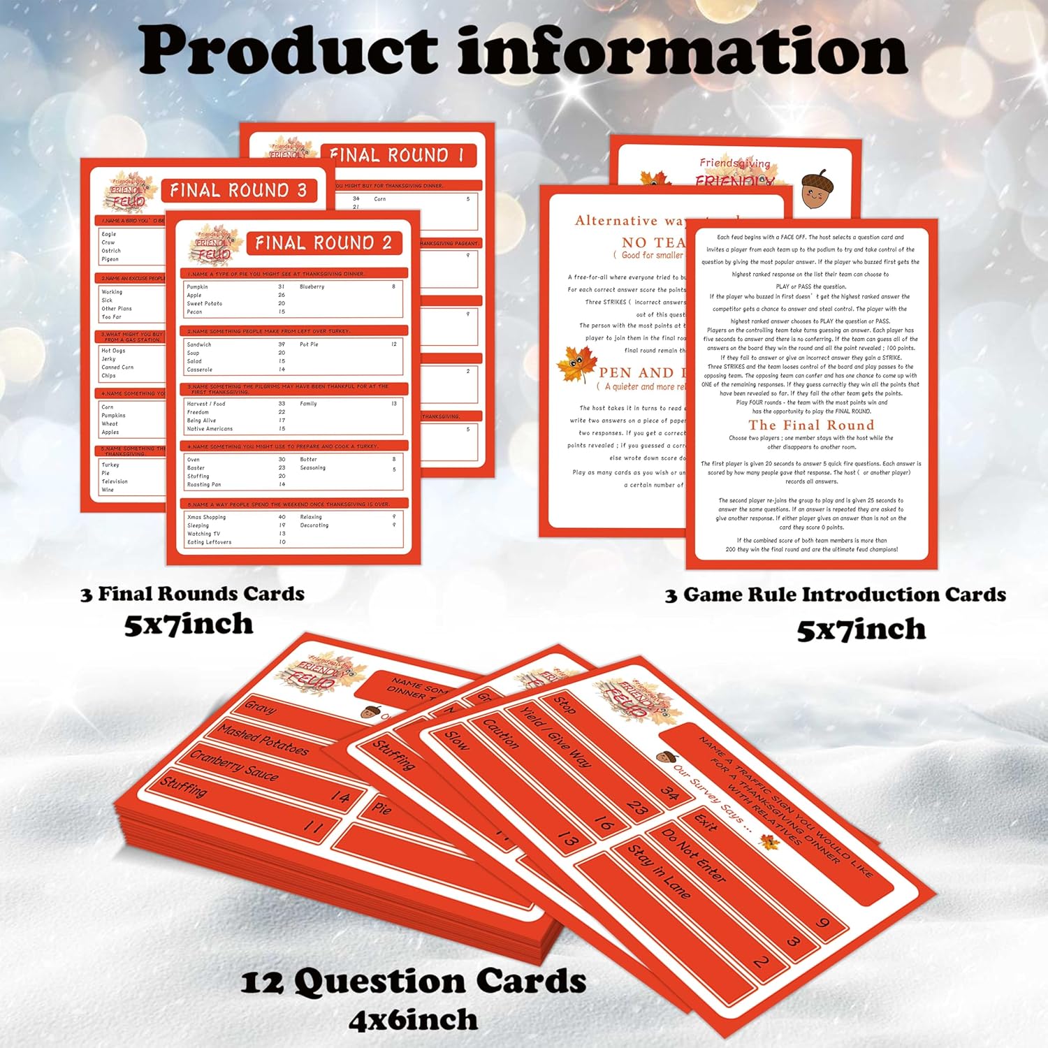 Thanksgiving Friendly Family Feud Game, Feud Trivia Quiz, Baby Shower Game For Family Activity (12 Question Cards & 3 Final Round Cards) Thanksgiving Games For Family Party Decorations Supplies-Sg4