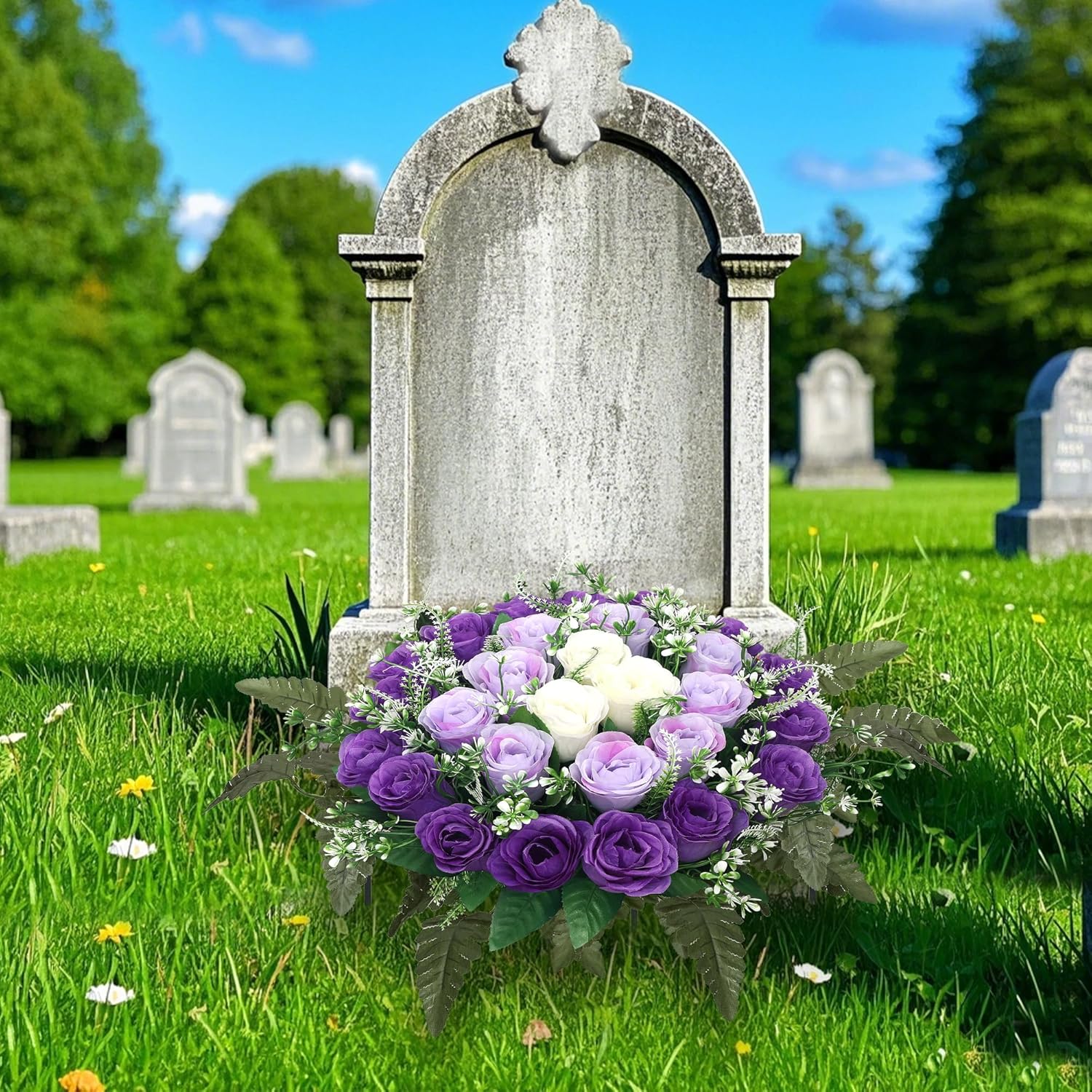 Artificial Cemetery Flowers,Silk Memorial Cake For Cemetery,Artificial Flower Centrepieces For Tables,Artificial Rose Graveyard Memorial Flowers For Headstones Decoration (Purple)