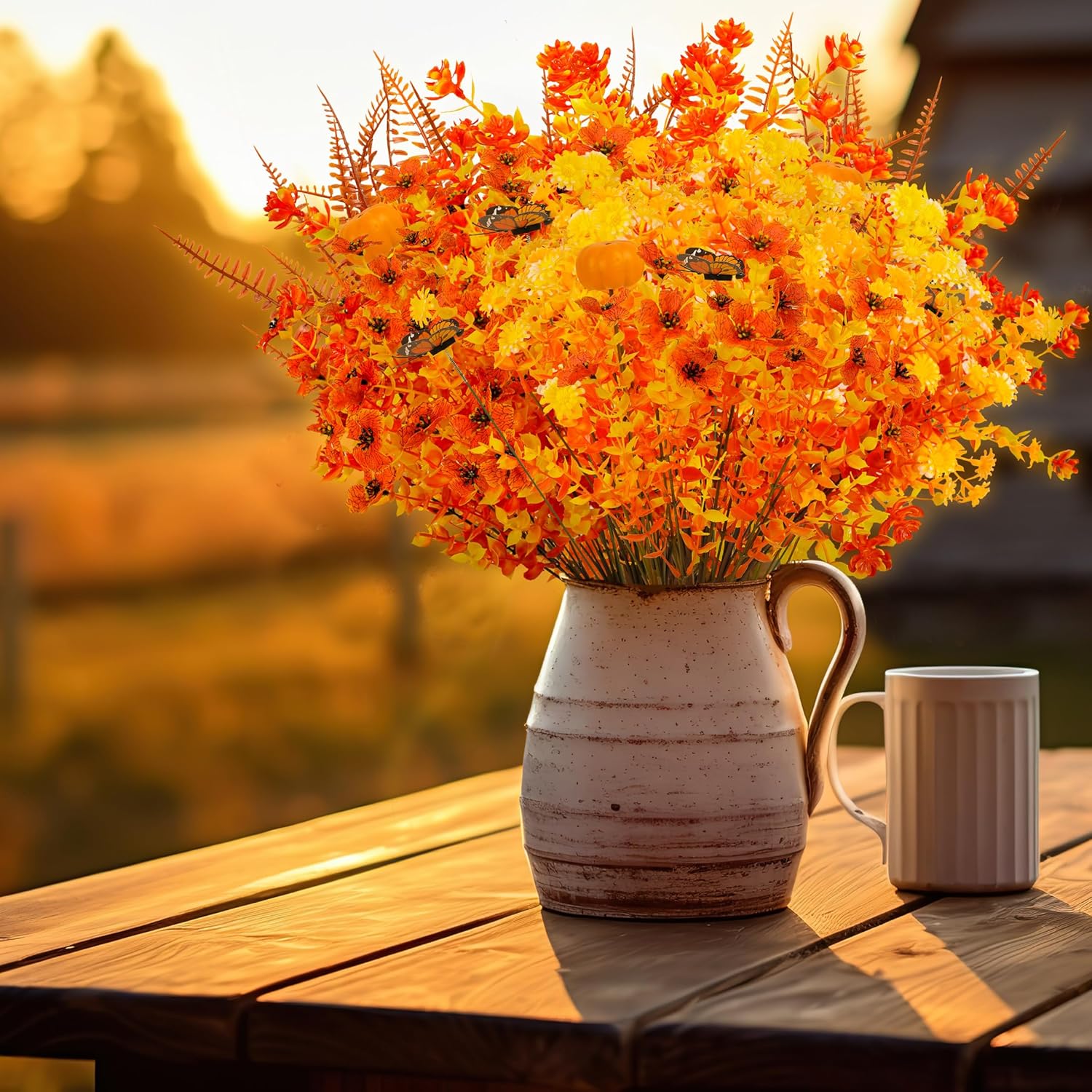 30Pcs Fall Artificial Fake Flowers Plants Outdoor - Faux Thanksgiving Decorations For Home Autumn Outside Patio Front Porch Decor With Pumpkin Butterfly
