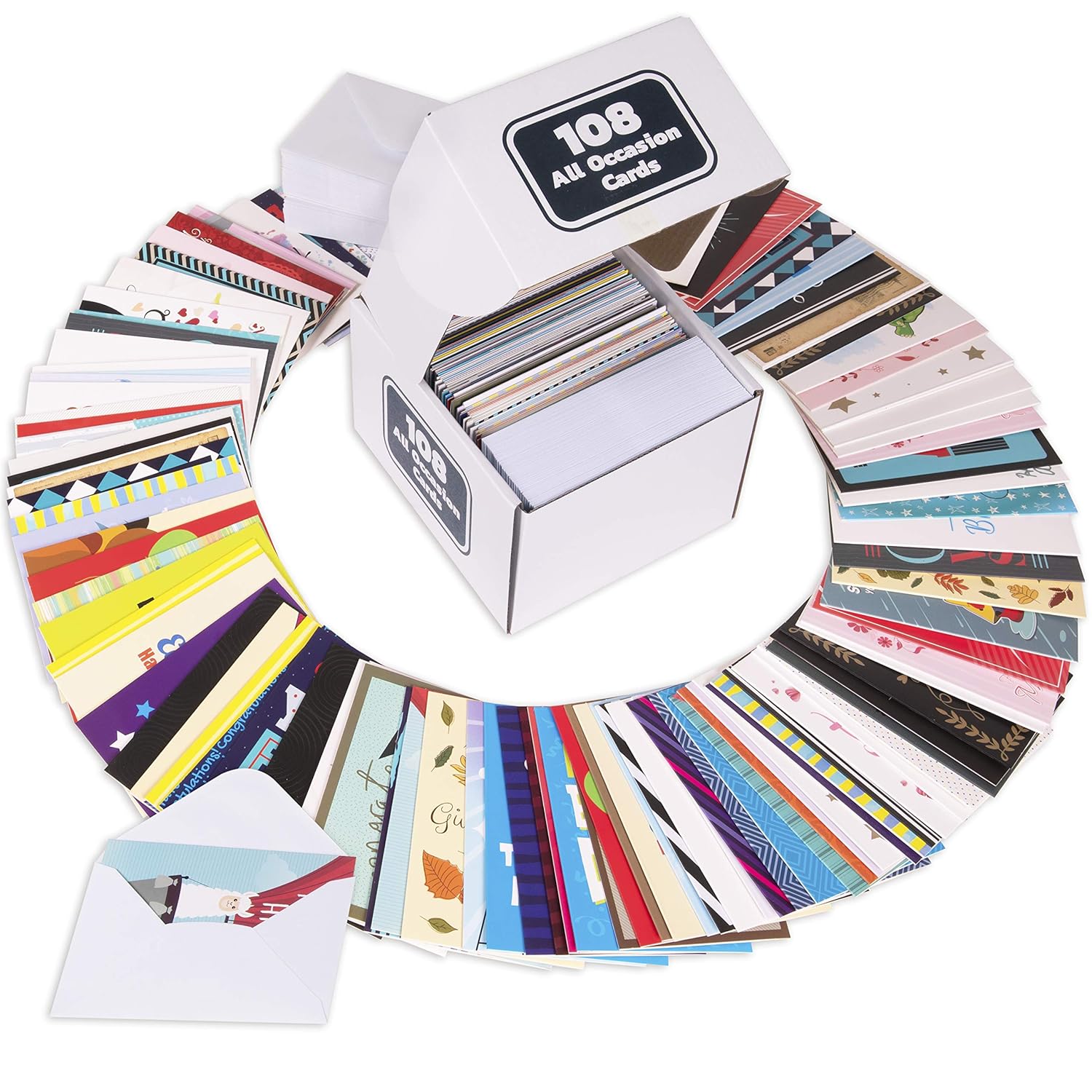 All Occasion Cards Assortment Box; 108 Blank Cards & Envelopes, Thank You Cards, Sympathy Cards, Birthday Card and Others