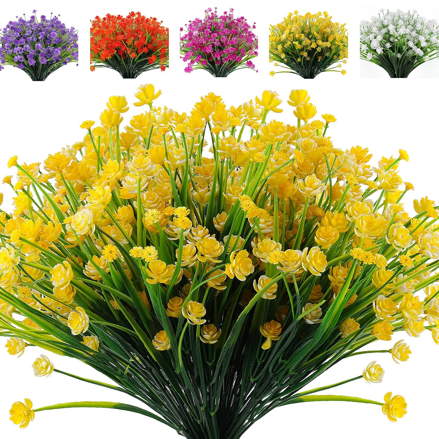 Artificial Flower Outdoor 12 Bundles Faux Plastic Greenery Fake Flowers For Decoration Uv Resistant Fake Flower Plastic Flowers Bulk For Outside Garden Balcony Decor (Yellow)