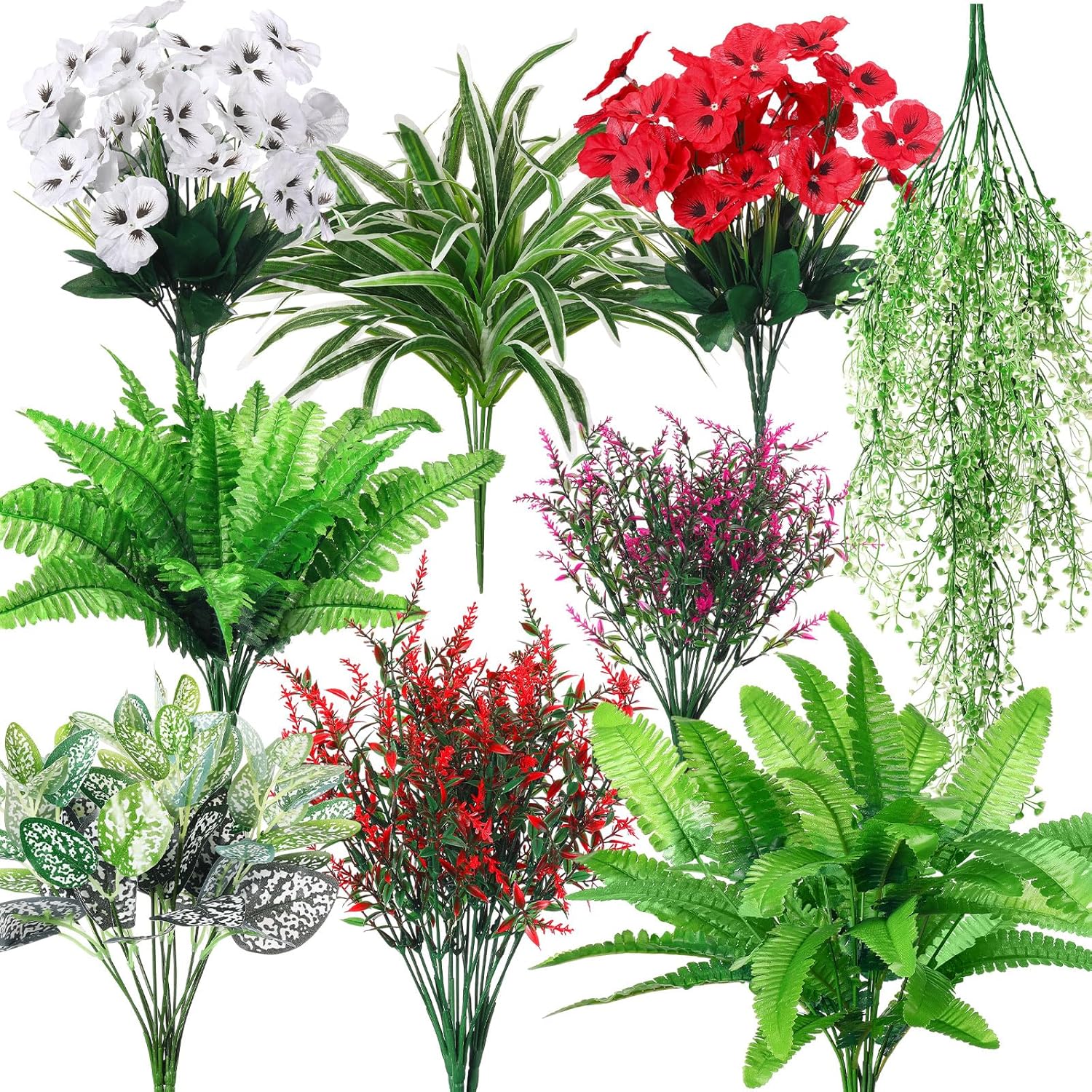 24 Pcs Outdoor Artificial Plants Uv Resistant Faux Plant Fake Greenery Stems Faux Shrubs Flower For Outside Hanging Front Porch Patio Garden Window Box Home Wedding Summer Spring Decor(Green Red)