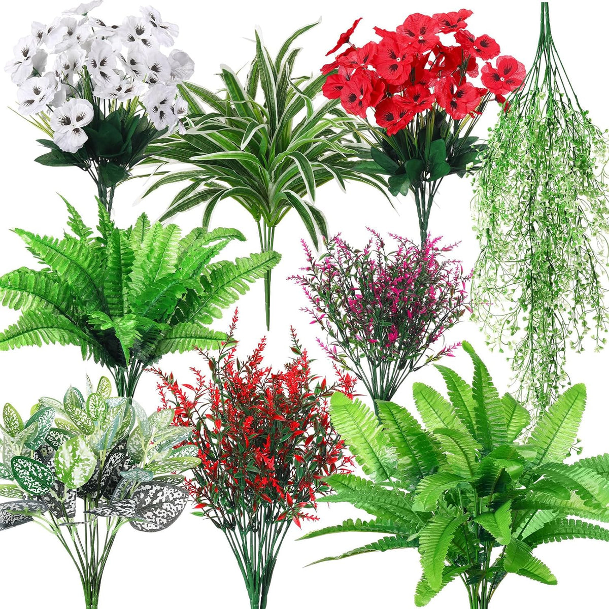 24 Pcs Outdoor Artificial Plants Uv Resistant Faux Plant Fake Greenery Stems Faux Shrubs Flower For Outside Hanging Front Porch Patio Garden Window Box Home Wedding Summer Spring Decor(Green Red)