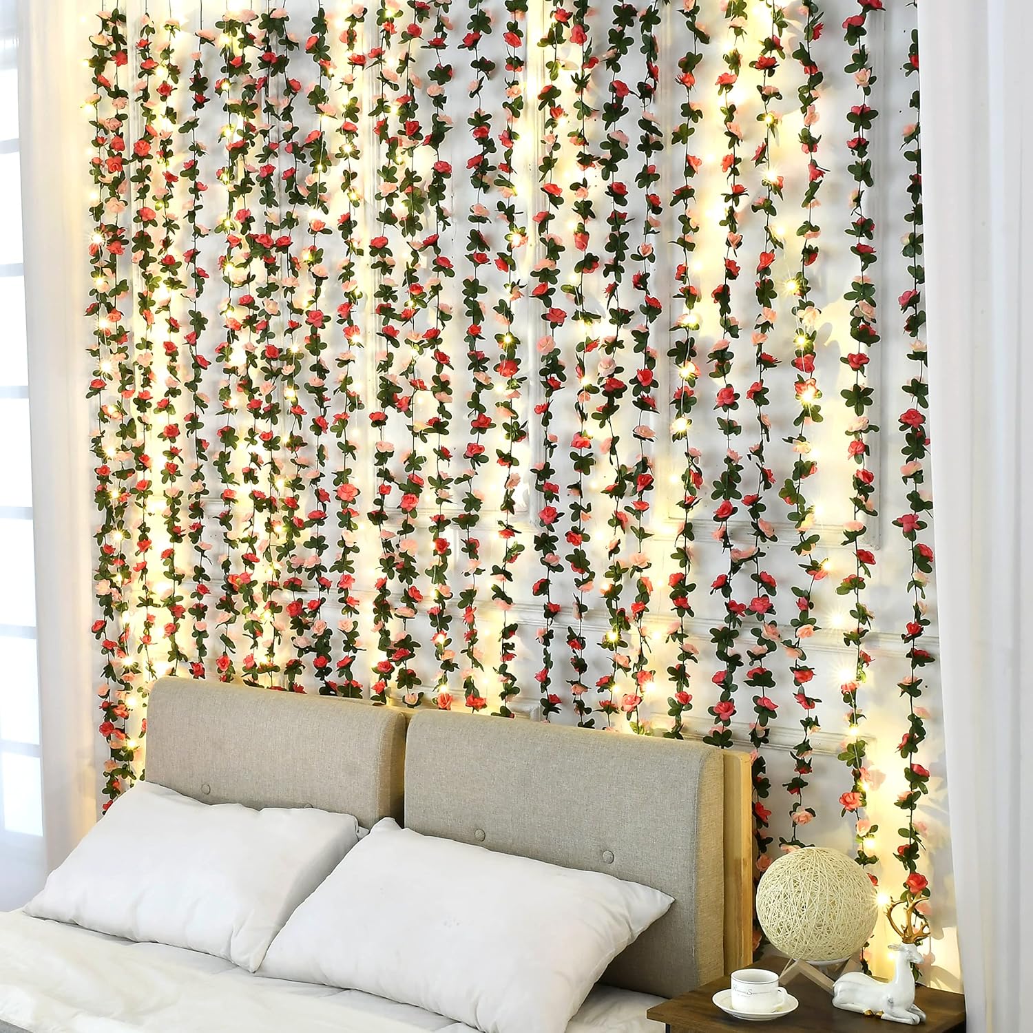 2Pcs 16.4Ft Flower Garland Artificial Rose Vines With 16.4Ft String Lights, Cute Fake Hanging Flower Vines Floral Garland Decorations For Wedding Party Wall Room Decor Aesthetic