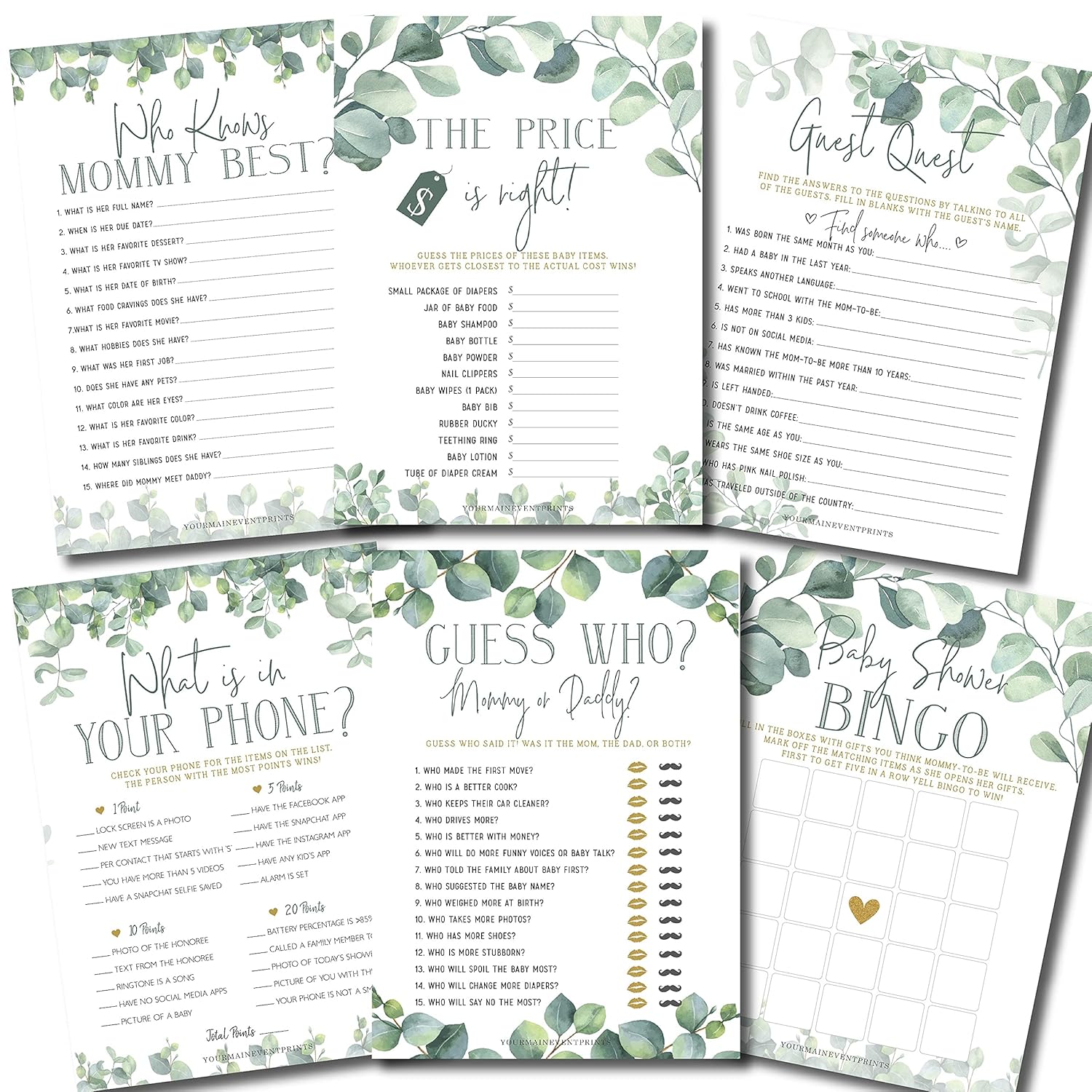 Baby Shower Games (Set Of 6 Fun Activities For 25 Guests) - Neutral Greenery Floral Eucalyptus Theme - Perfect For Boy Or Girl - 1 Game Printed Per Side