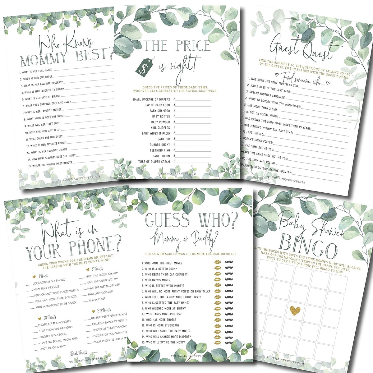 Baby Shower Games (Set Of 6 Fun Activities For 25 Guests) - Neutral Greenery Floral Eucalyptus Theme - Perfect For Boy Or Girl - 1 Game Printed Per Side