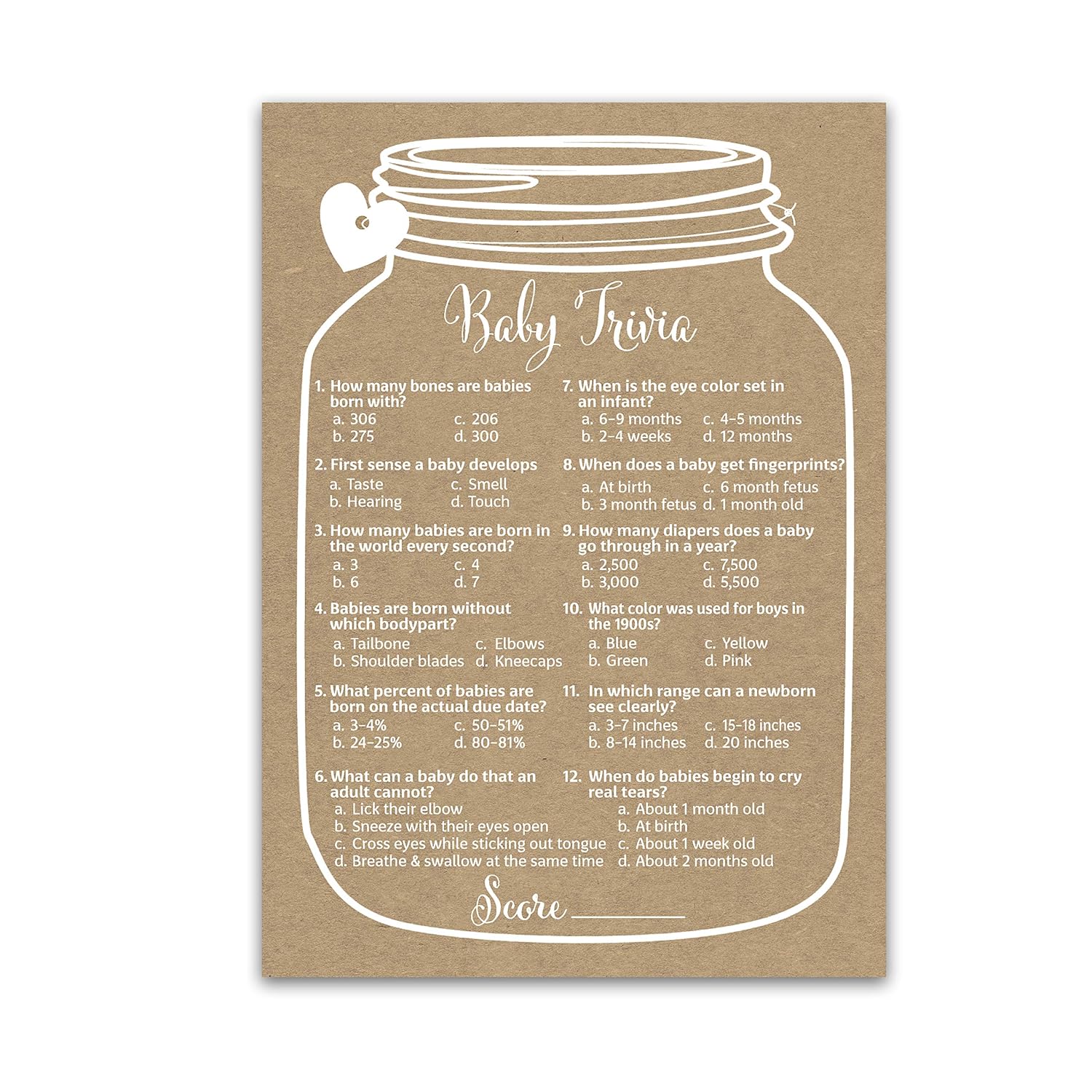 Mason Jars Kraft Brown Baby Shower Game — Rustic Mason Jar Baby Trivia Baby Shower Game — 25 Guests — Fun Baby Facts Game, Mason Jar Gender Reveal Party, Gender Neutral Baby Shower Game Sku G200-Trv