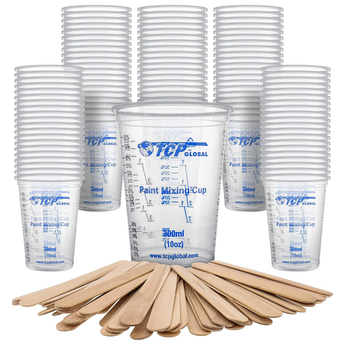TCP Global 10 oz. (300ml) Graduated Plastic Mixing Cups - Box of 100 with 50 Mixing Sticks - Disposable Plastic Measuring Cups for Liquids, Paints, Resin, Epoxy, Art, Kitchen - Ratios 2-1, 3-1, 4-1 ML