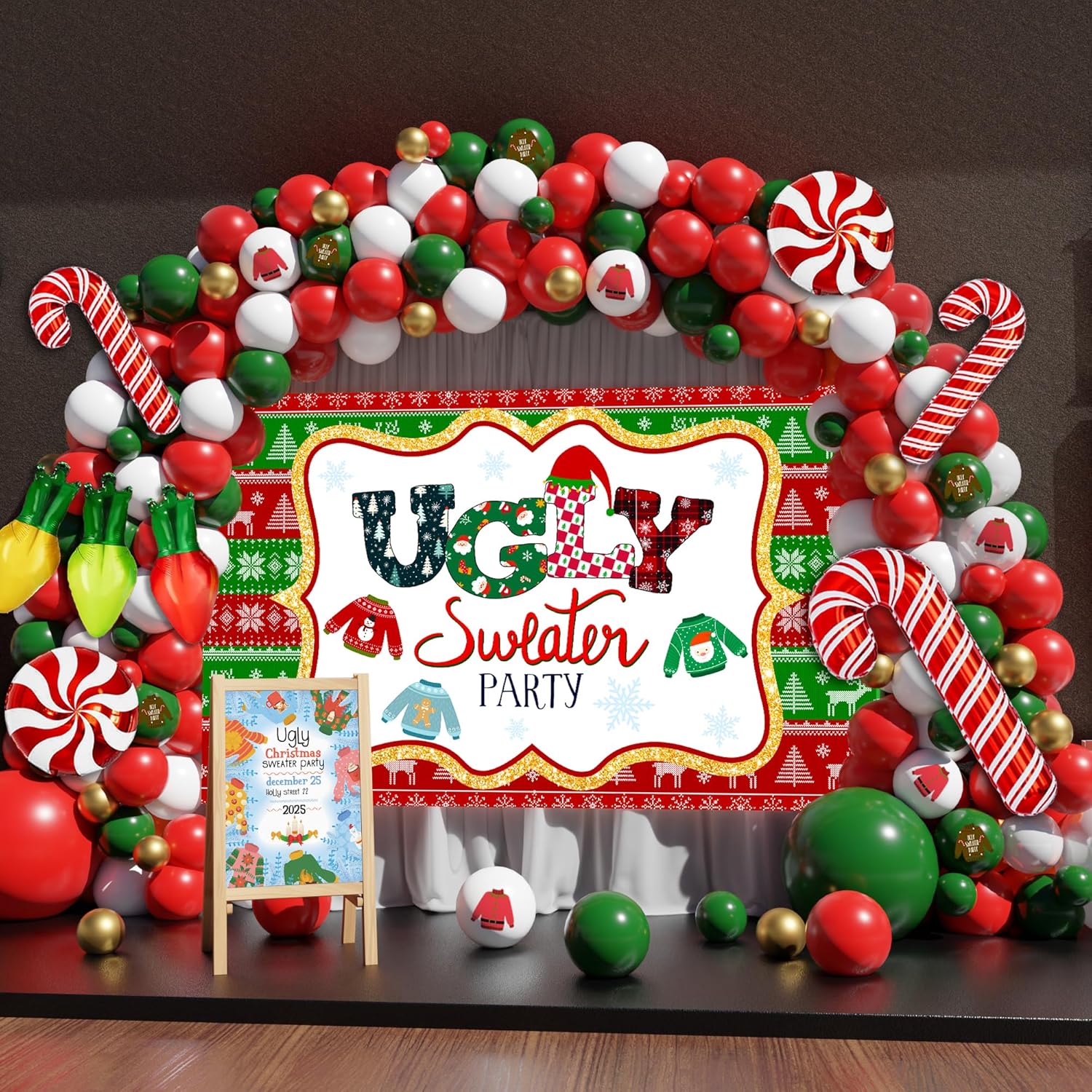 Ugly Sweater Party Supplies, 142Pcs Ugly Christmas Sweater Party Decorations Balloon Arch Kit, Green Red Gold White Balloons With Large Ugly Sweater Party Backdrop For Christmas Party Decorations