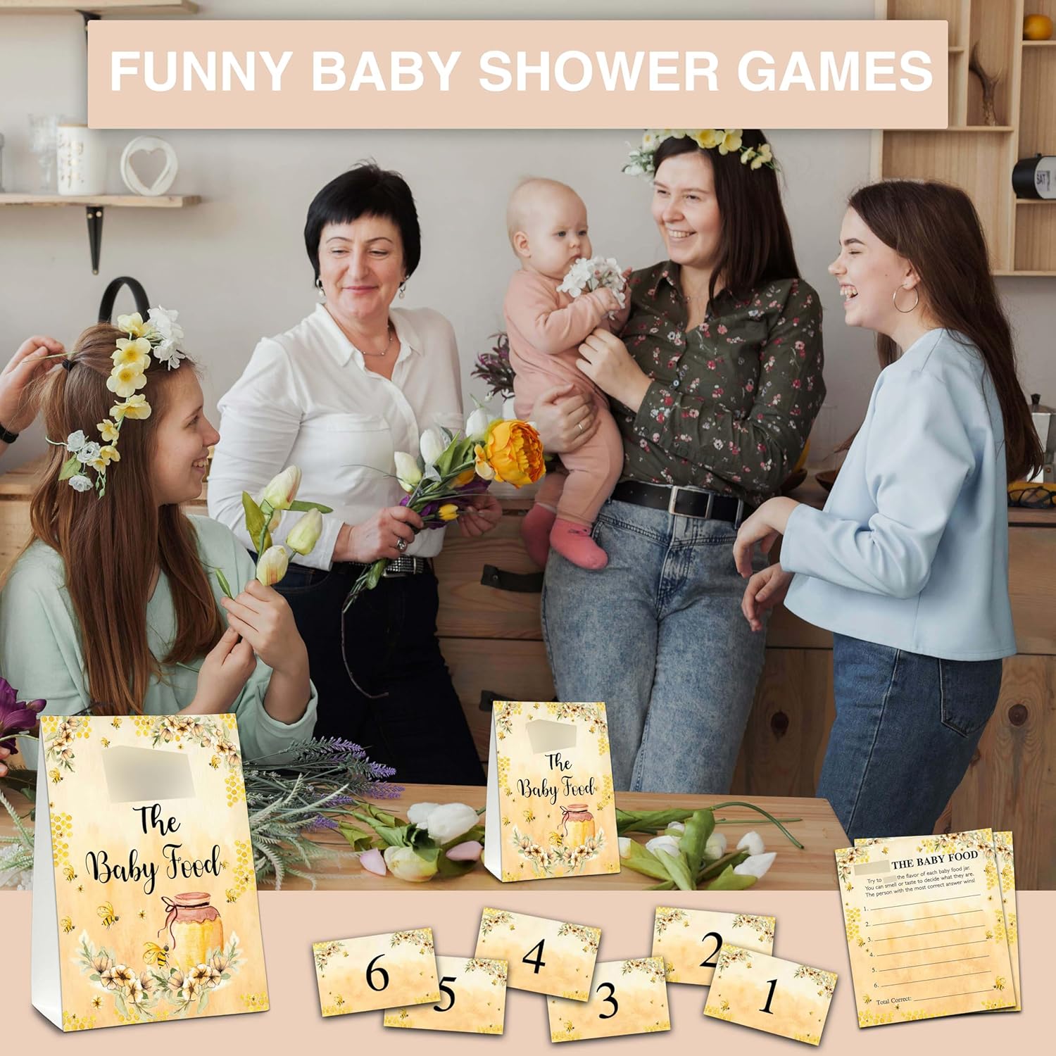 Find The Baby Food Party Games, Honey Bee Baby Shower Game Set (1 Standing Sign + 20 Answer Cards + 6 Number Cards), Sunflowers Name The Baby Food Game, Baby Shower Favors Decorations(09)