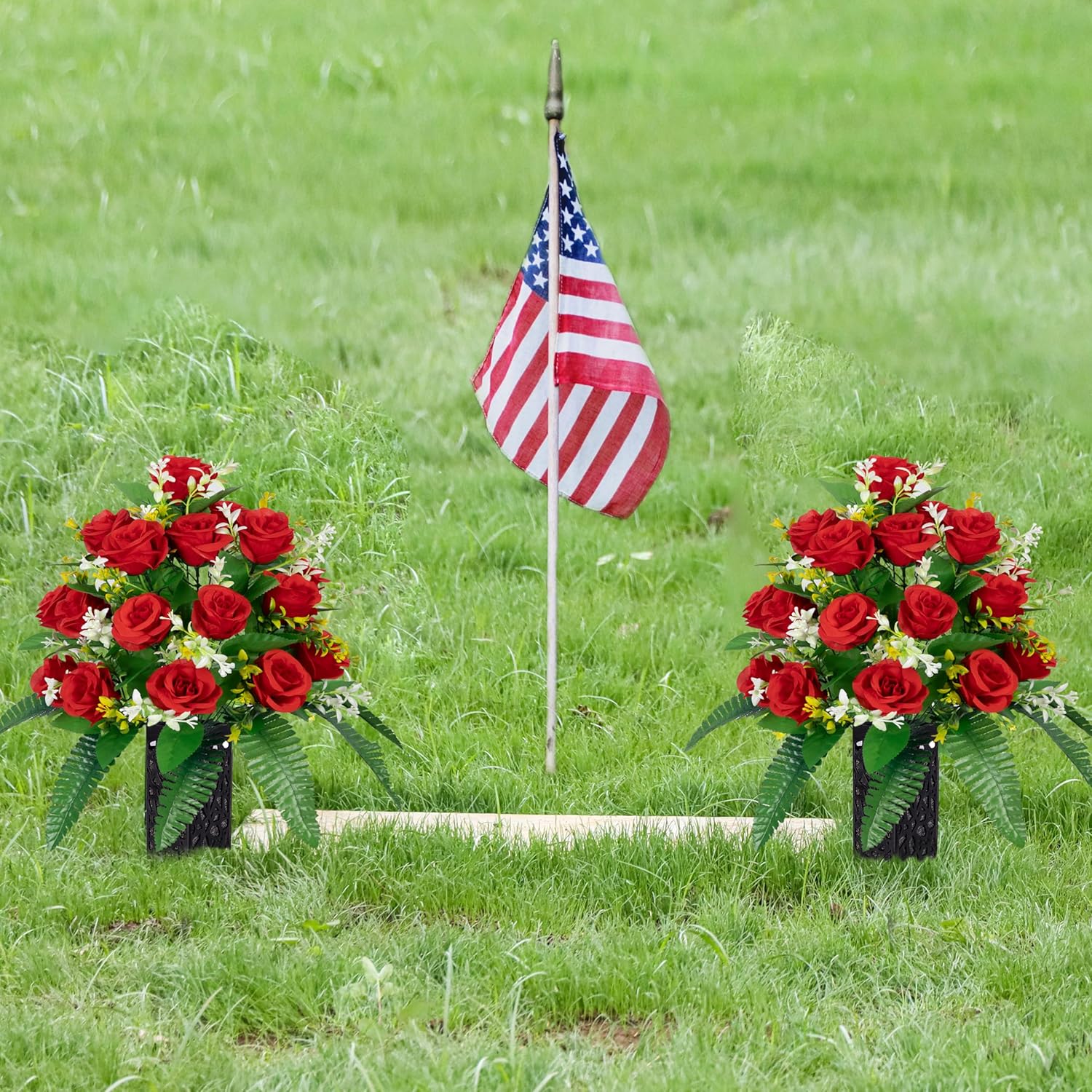 Artificial Cemetery Flowers – Grave Decorations, Cemetery Flowers For Grave Vase, Artificial Rose, Silk Flowers For Long-Lasting Remembrance(Red, 2 Bouquets)