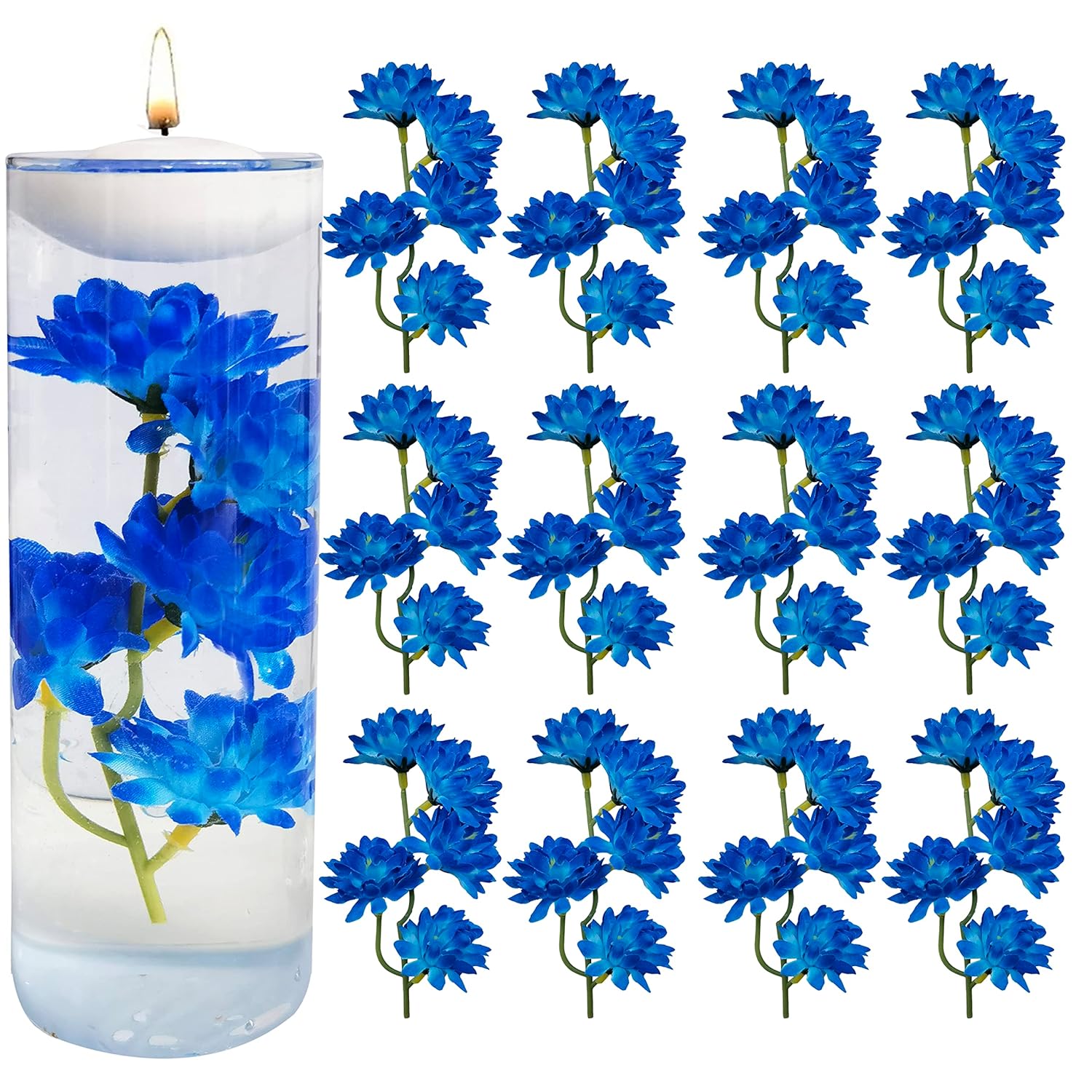 12 Pcs Blue Artificial Flower For Floating Candle Centerpieces, Faux Flower Vase Filler For Wedding Table Centerpieces Party Decor.