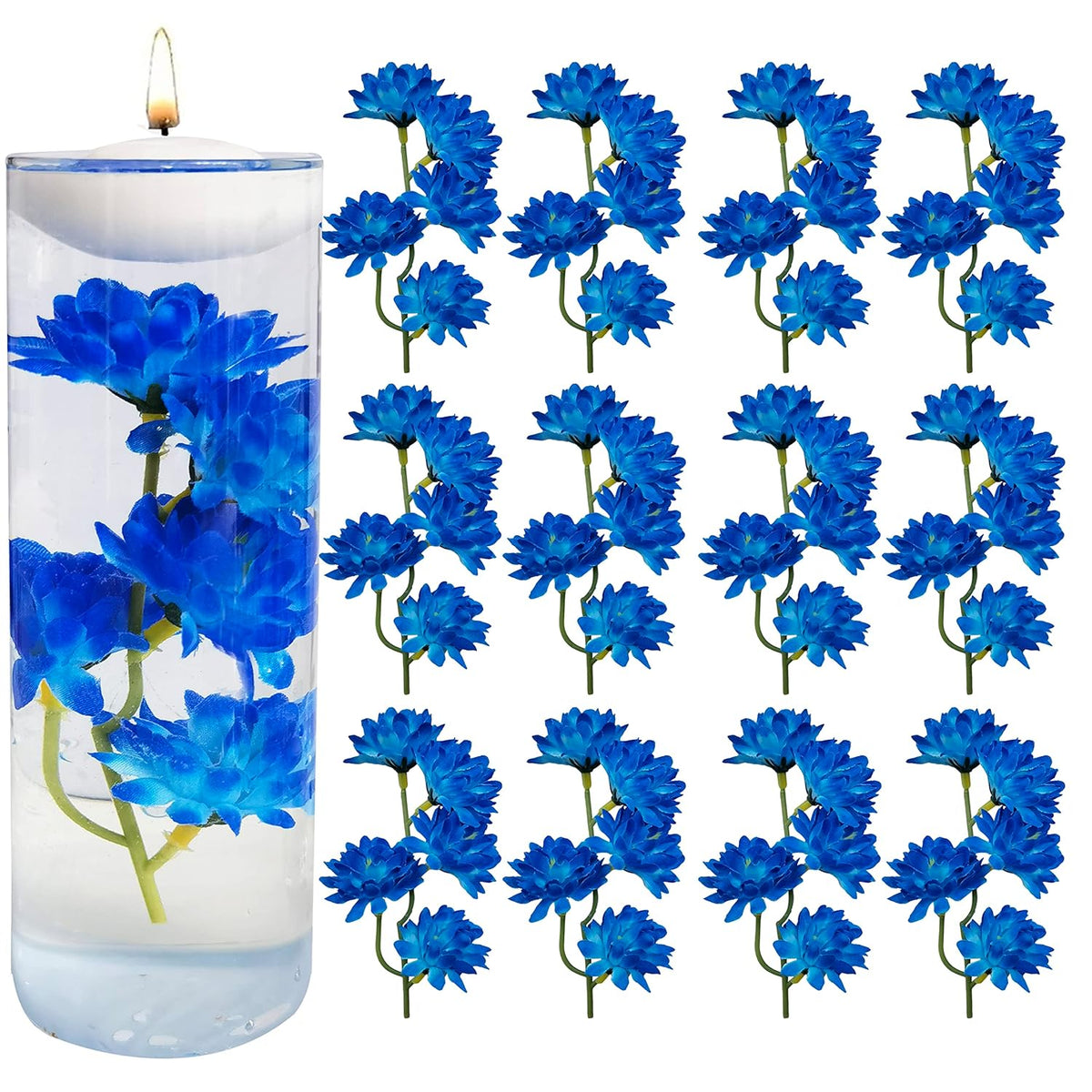 12 Pcs Blue Artificial Flower For Floating Candle Centerpieces, Faux Flower Vase Filler For Wedding Table Centerpieces Party Decor.