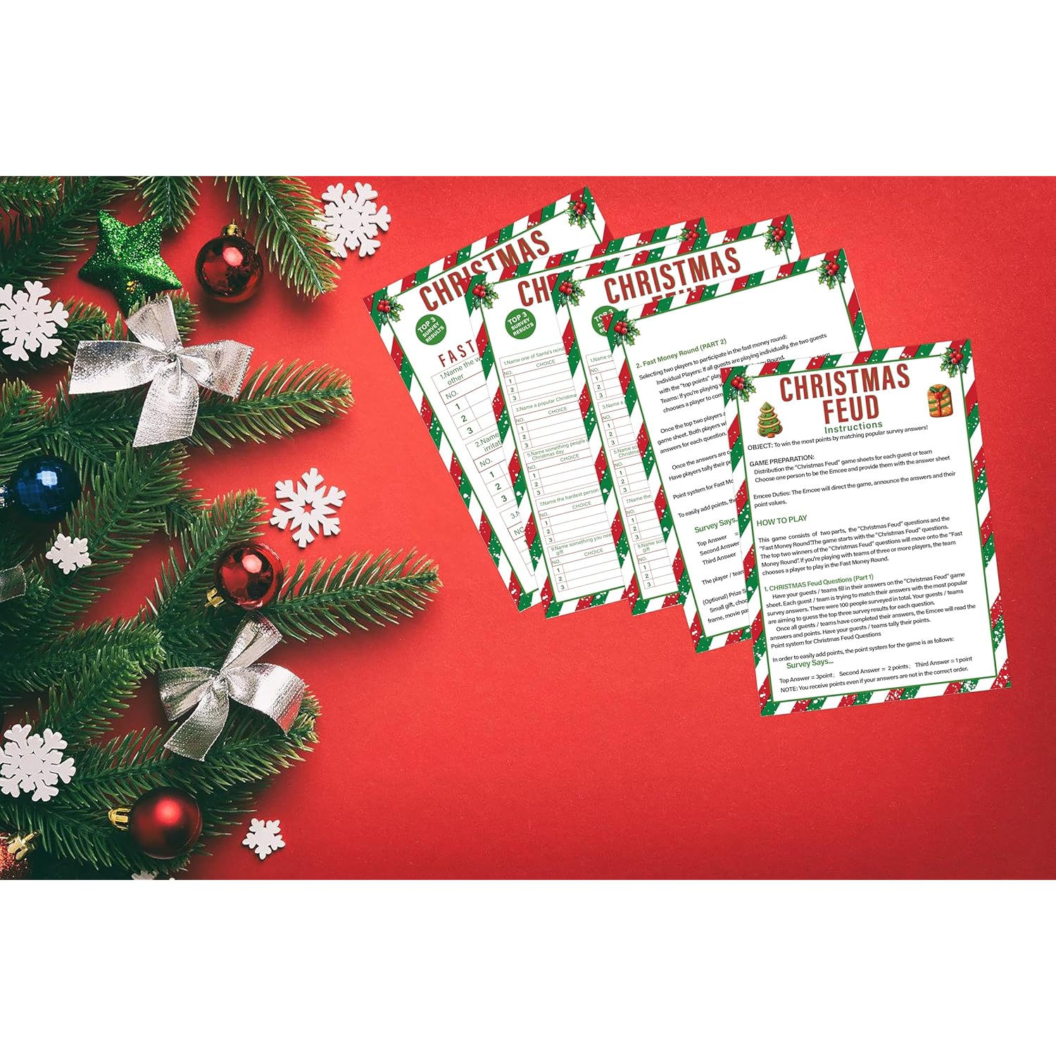 Christmas Friendly Feud Quiz - Family Game Night, Baby Shower Cards For Adults, 30 Feud & 3 Fast Money Round Cards, Christmas Games For Office, Class, Group-Mq5