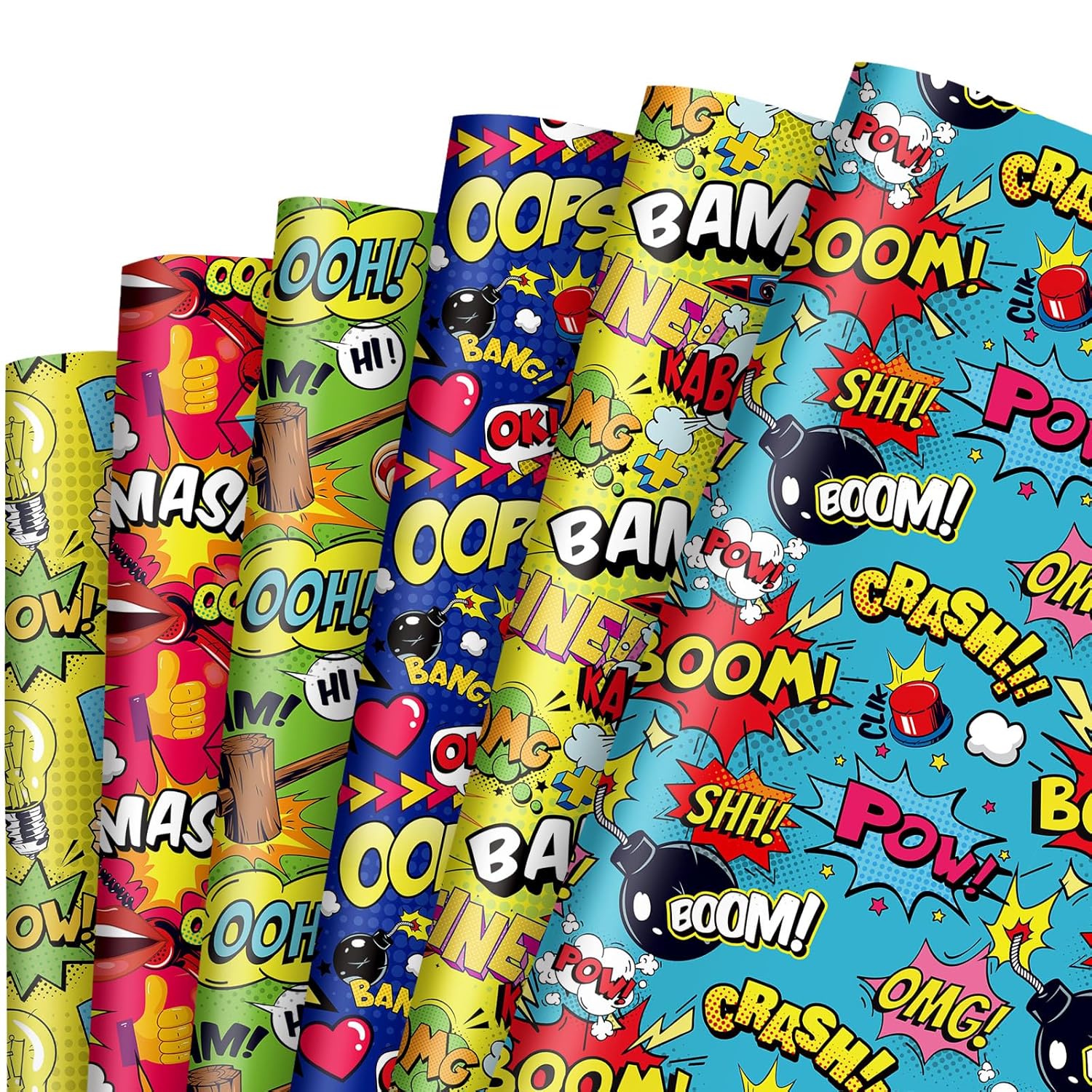 12 Sheet Comic Wrapping Paper -Not Roll- Colorful Cartoon Boom Gift Wrap Paper Folded Flat Art Paper For Diy Crafts Gift Wrapping, 19.7 X 27.6 Inch