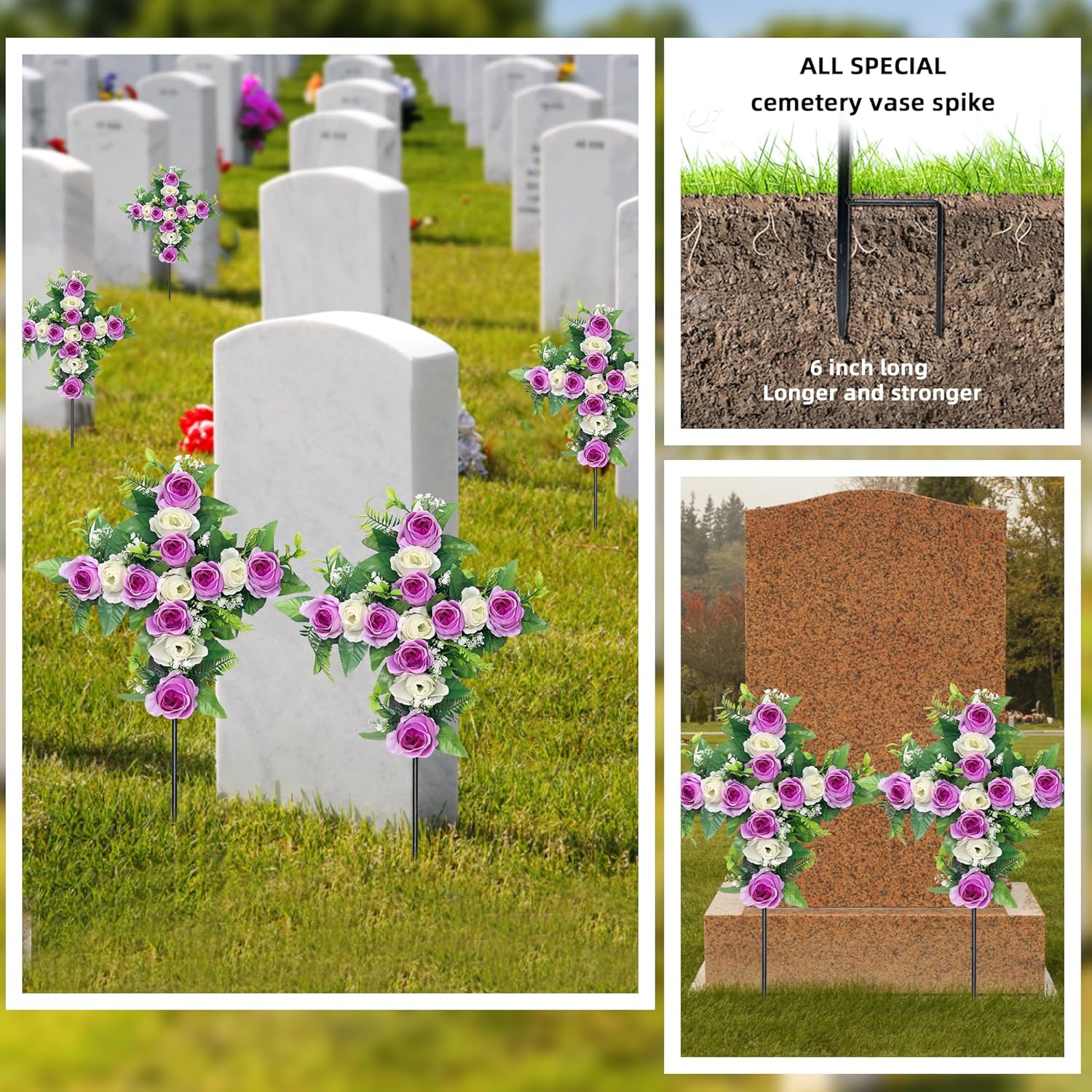 Artificial Cemetery Flowers,Set Of 2 Faux Floral Cross,Artificial Rose Bouquet Decoration For Cemetery Headstones Gravesites,Silk Flowers For Long-Lasting Remembrance (Purple)