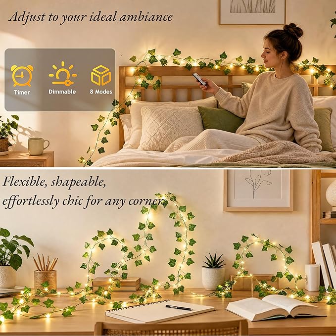 66FT Ivy Vine Fairy Lights Plug In 200 LED Warm White Leaf String Lights with Remote Connectable Waterproof for Bedroom Garden Party Wedding Decor